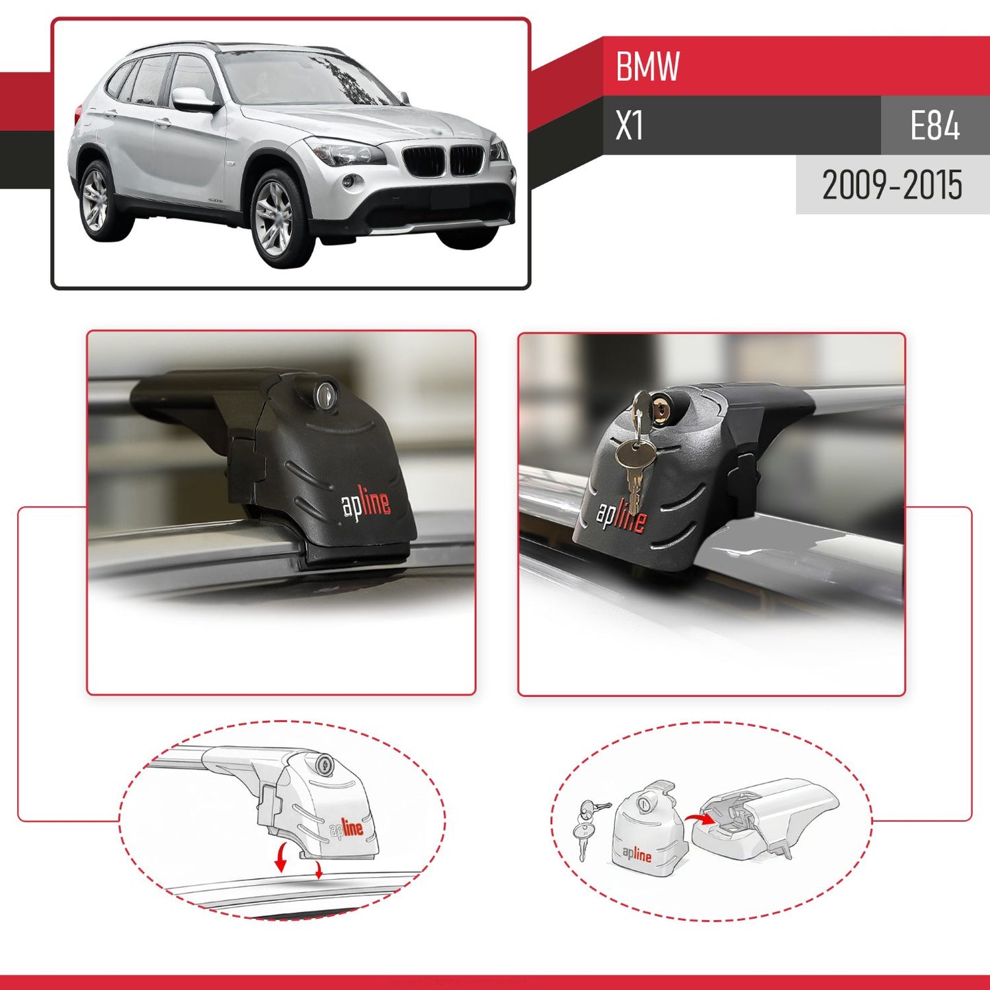 Compatible with BMW X1 (E84) 2009-2015 ACE-2 Model Car Roof Rack Cross Bar Gray Aluminium 2 Bars