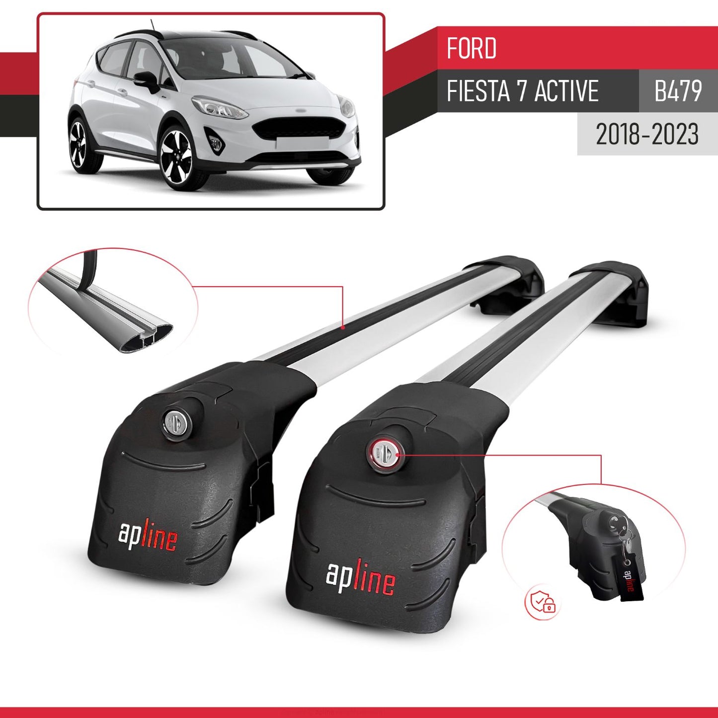 Compatible with Ford Fiesta 7 Active 2018-2023 ACE-2 Car Roof Rack Cross Bar Grey Aluminium 2 Bars