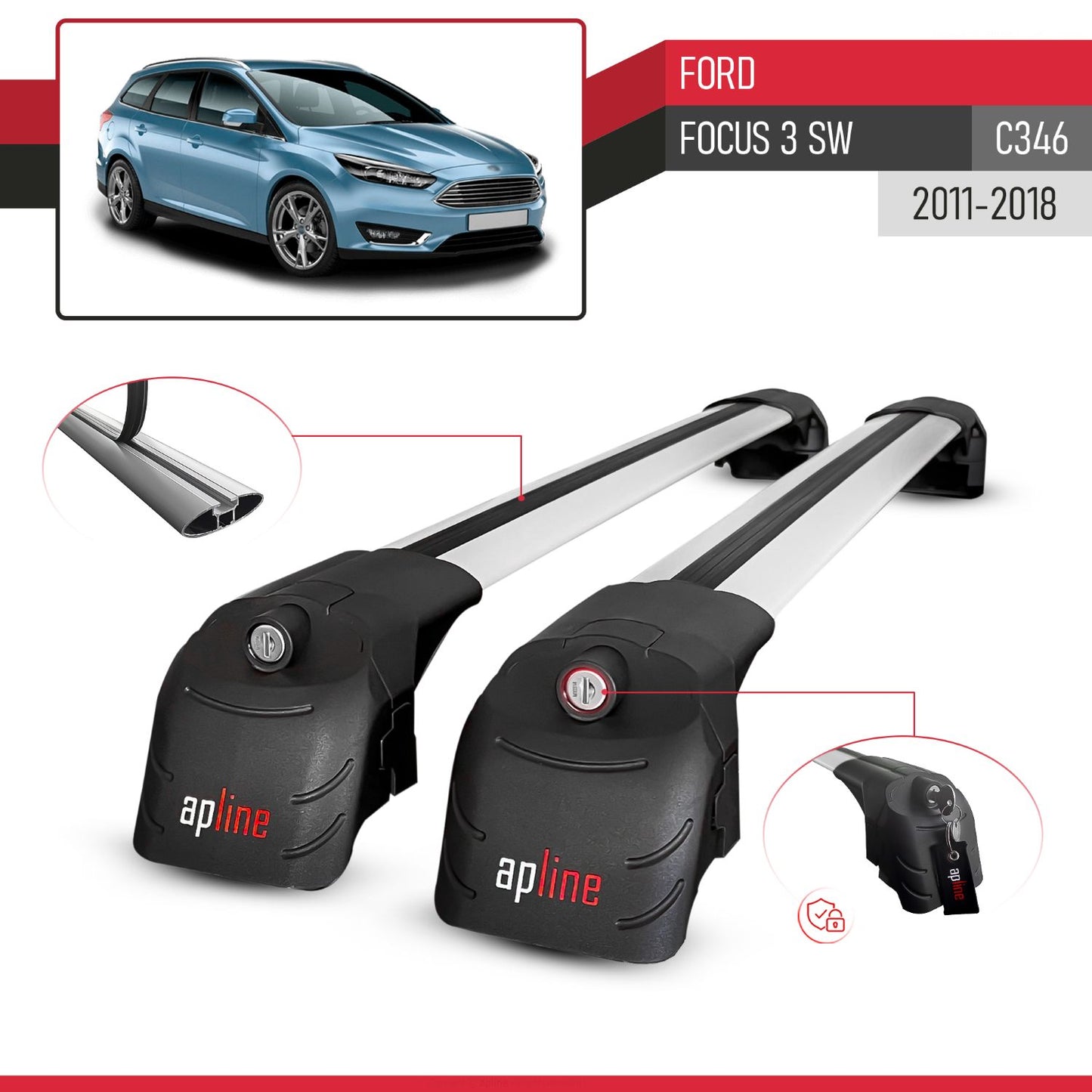 Compatible with Ford Focus 3 (C346) SW 2011-2018 ACE-2 Car Roof Rack Cross Bar Grey Aluminium 2 Bars