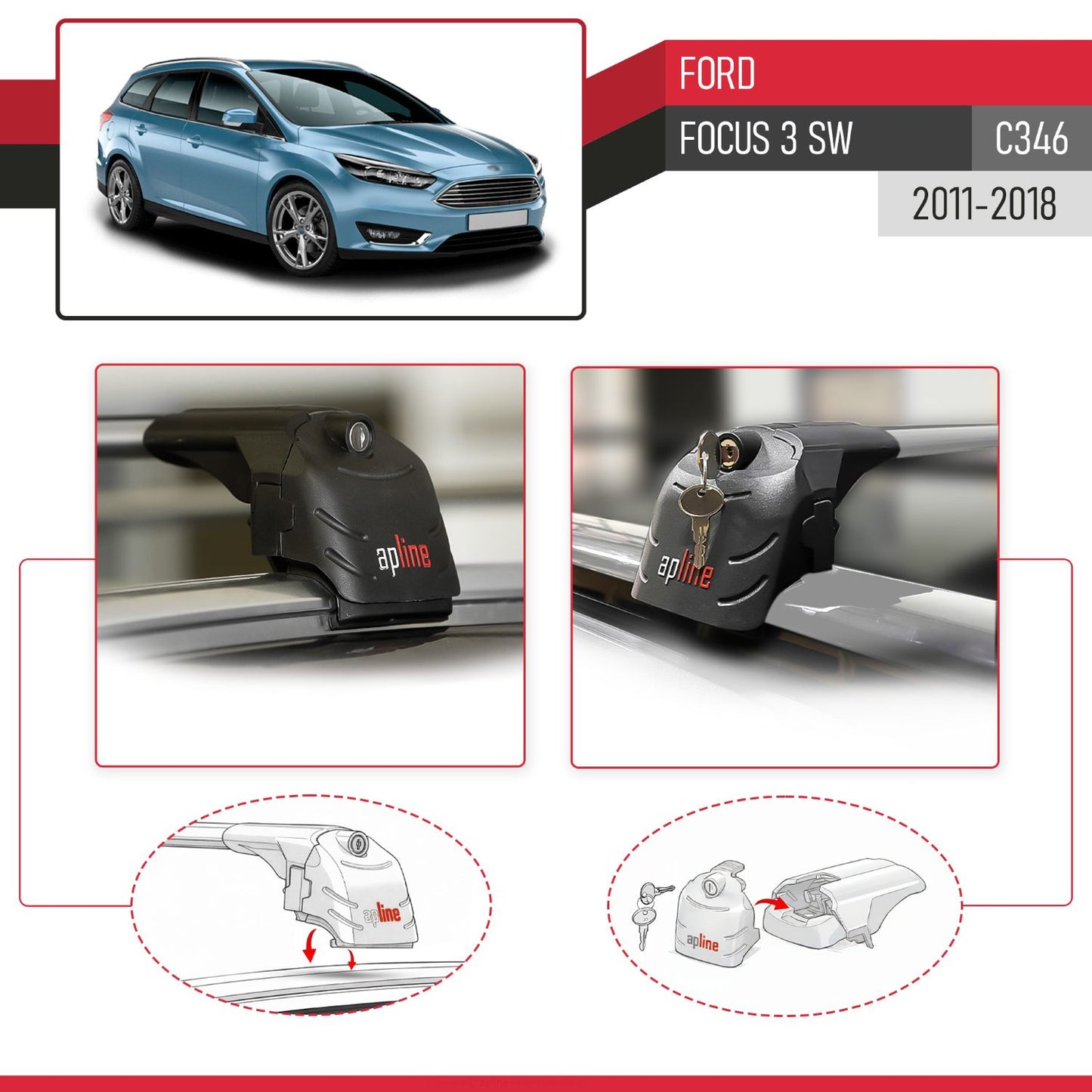 Compatible with Ford Focus 3 (C346) SW 2011-2018 ACE-2 Car Roof Rack Cross Bar Grey Aluminium 2 Bars