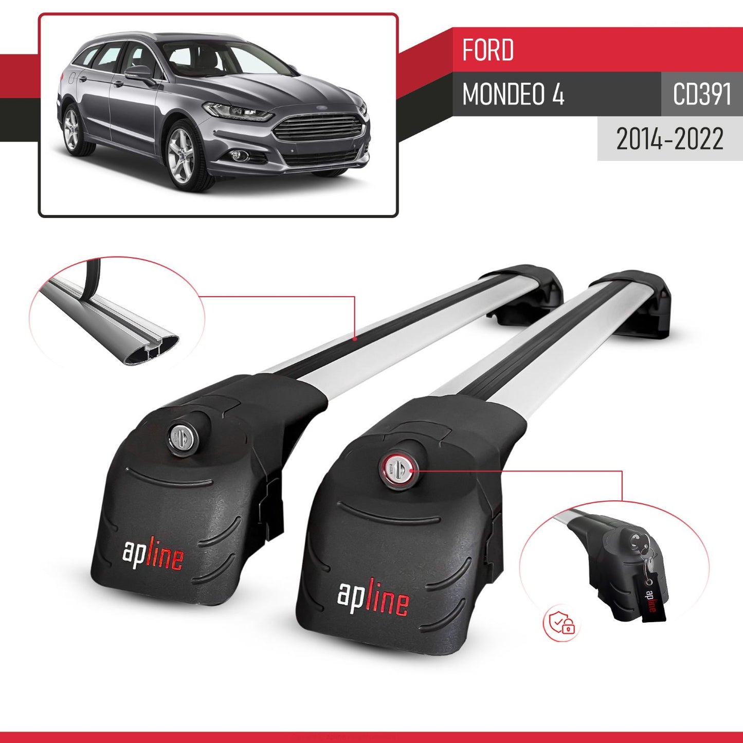 Compatible with Ford Mondeo 4 (CD391) 2014-2022 ACE-2 Car Roof Rack Cross Bar Grey Aluminium 2 Bars