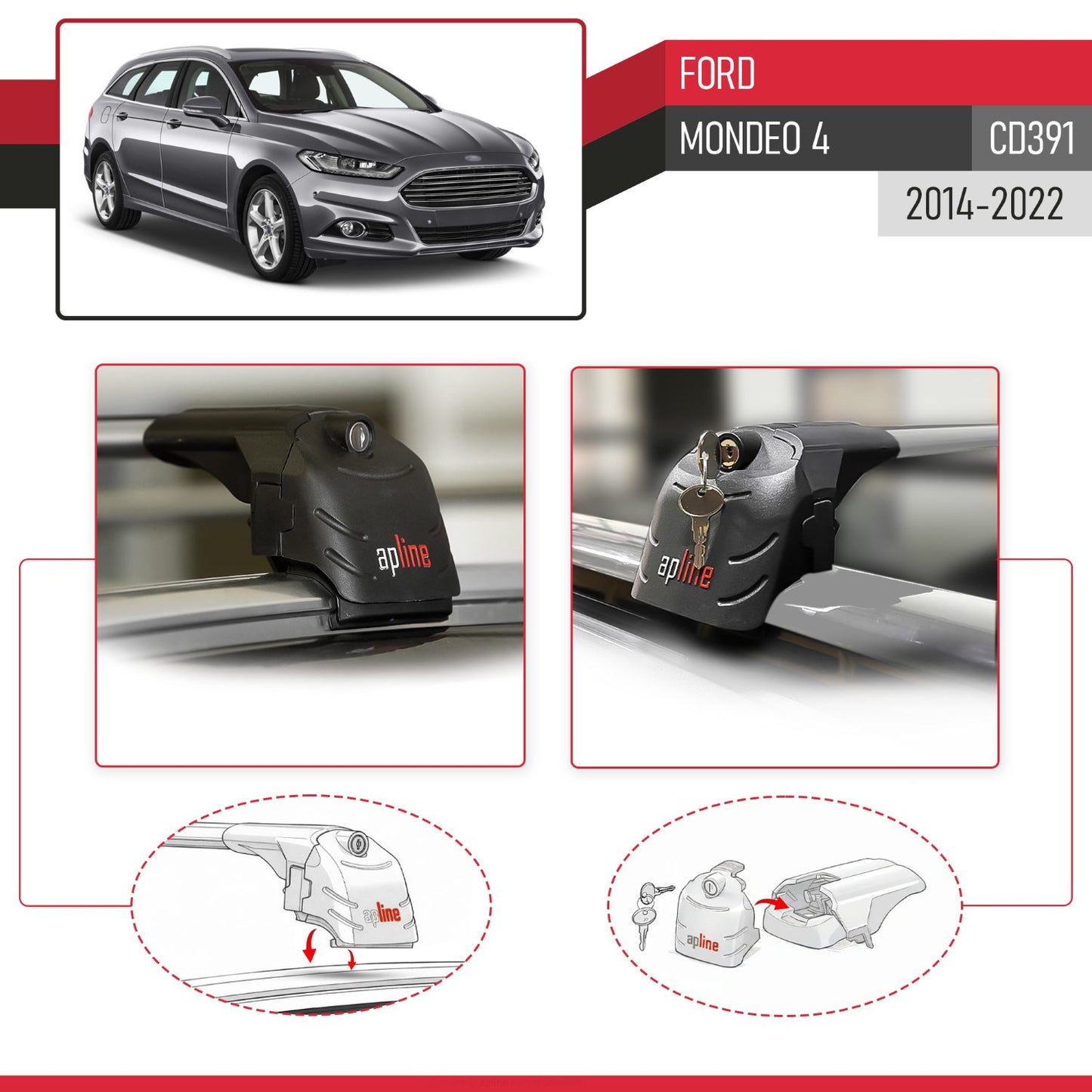 Compatible with Ford Mondeo 4 (CD391) 2014-2022 ACE-2 Car Roof Rack Cross Bar Grey Aluminium 2 Bars