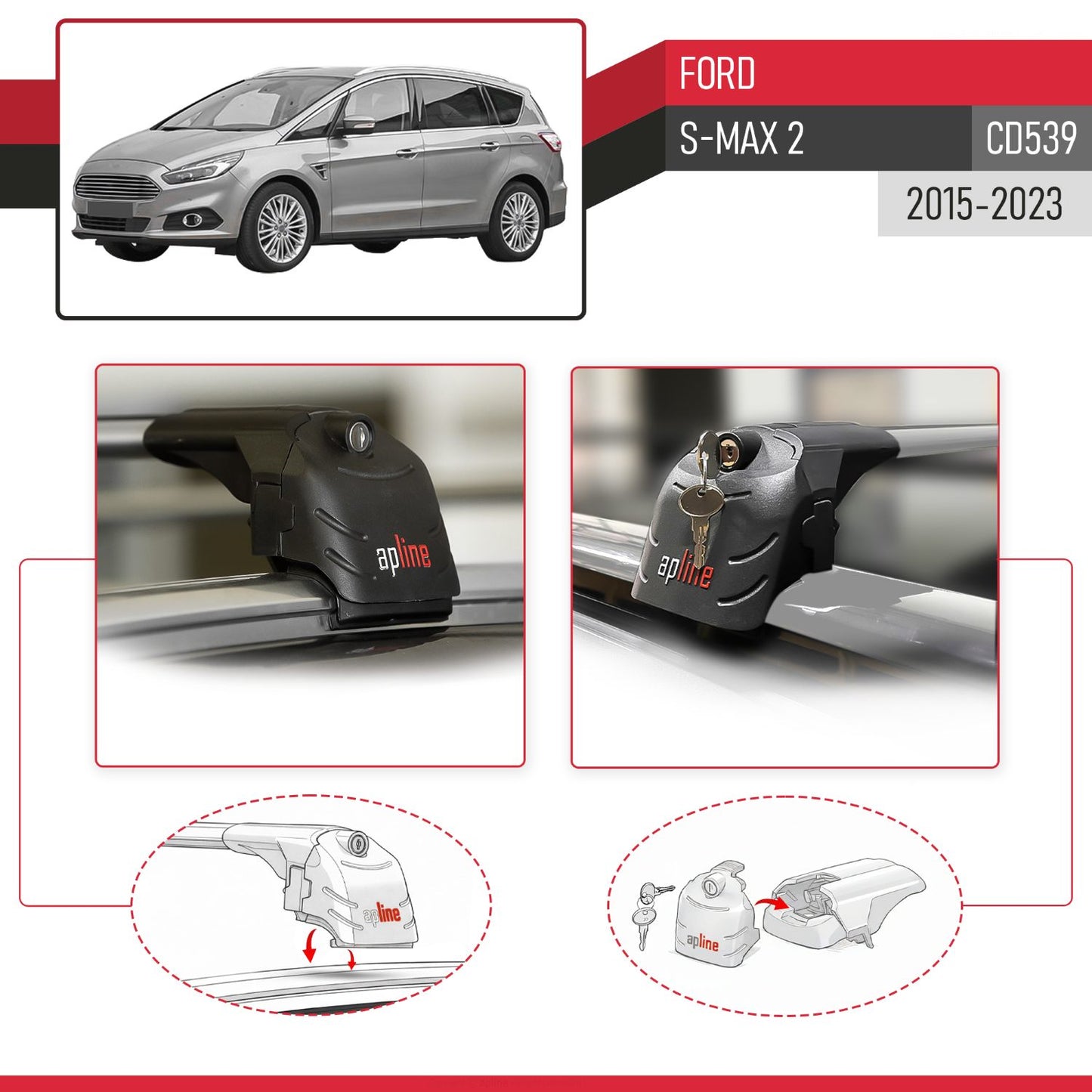 Compatible with Ford S-Max 2 (CD539) 2015-2023 ACE-2 Car Roof Rack Cross Bar Grey Aluminium 2 Bars