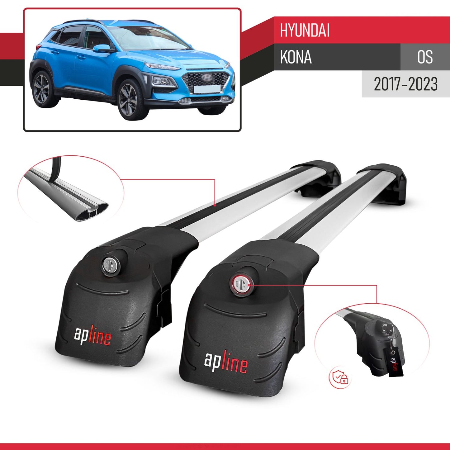 Compatible with Hyundai Kona (OS) 2017-2023 ACE-2 Model Car Roof Rack Cross Bar Gray Aluminium 2 Bars