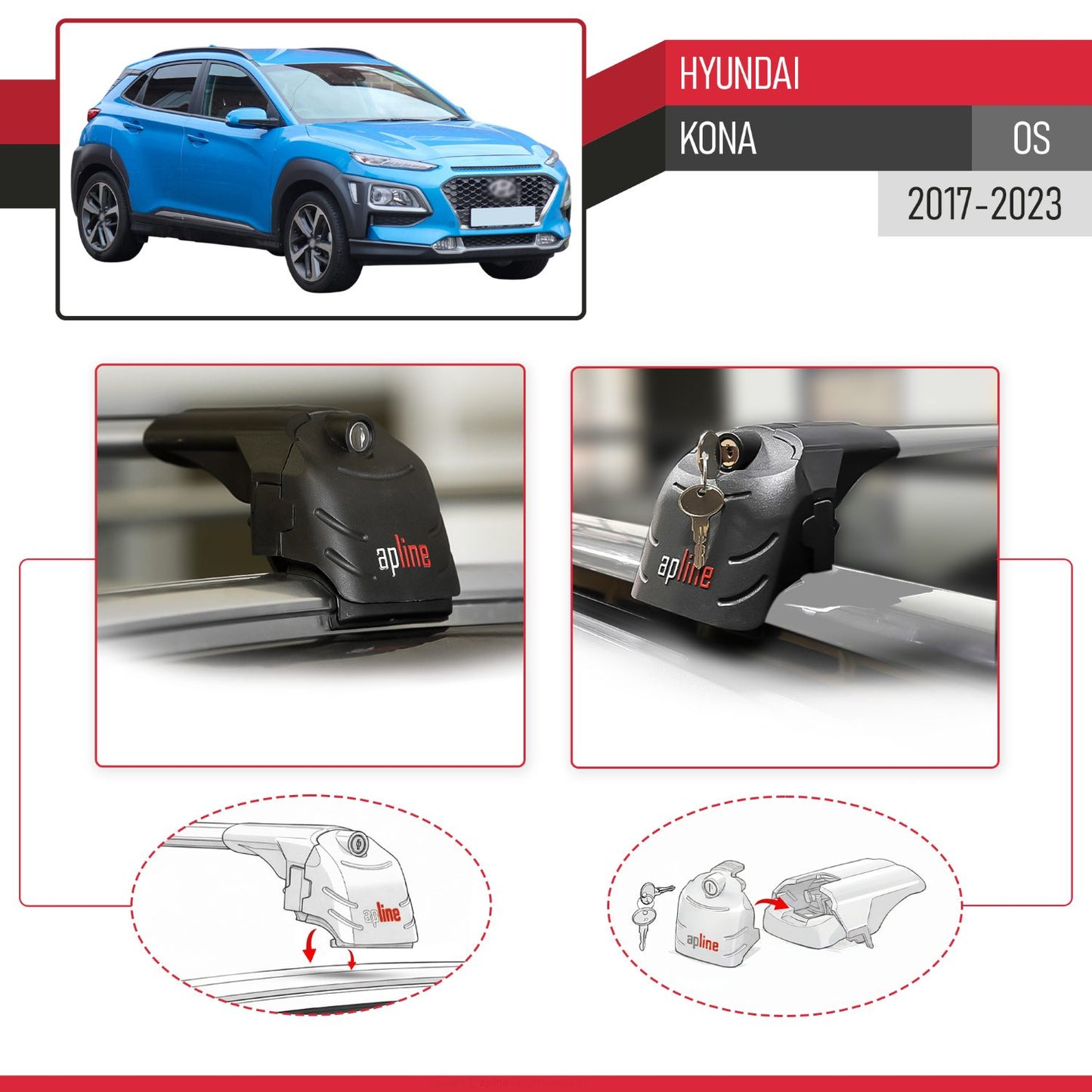 Compatible with Hyundai Kona (OS) 2017-2023 ACE-2 Model Car Roof Rack Cross Bar Gray Aluminium 2 Bars