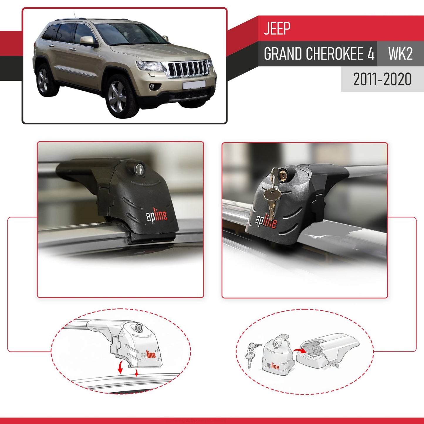Compatible with Jeep Grand Cherokee 4 (WK2) 2011-2020 ACE-2 Model Car Roof Rack Cross Bar Gray Aluminium 2 Bars