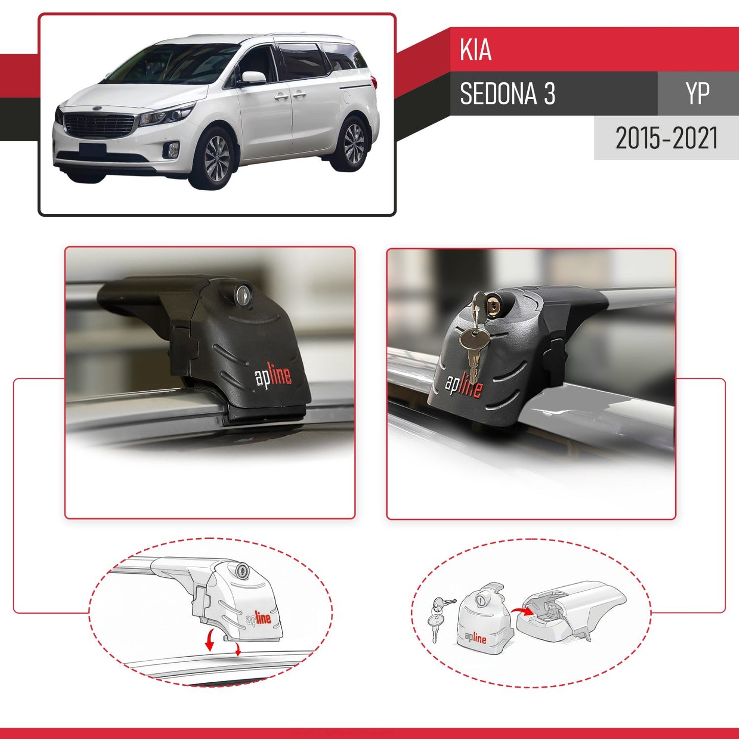 Compatible with Kia Sedona 3 (YP) 2015-2021 ACE-2 Model Car Roof Rack Cross Bar Gray Aluminium 2 Bars