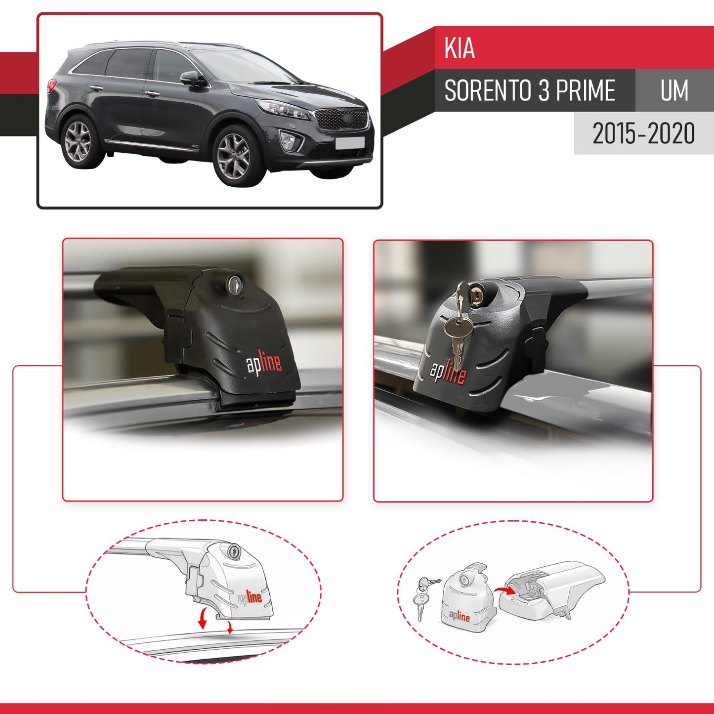 Compatible with Kia Sorento 3 (UM) Prime 2015-2020 ACE-2 Model Car Roof Rack Cross Bar Gray Aluminium 2 Bars