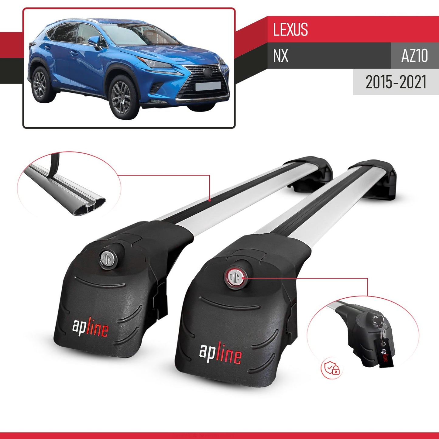 Compatible with Lexus NX 200 NX 300 (AZ10) 2015-2021 ACE-2 Model Car Roof Rack Cross Bar Gray Aluminium 2 Bars