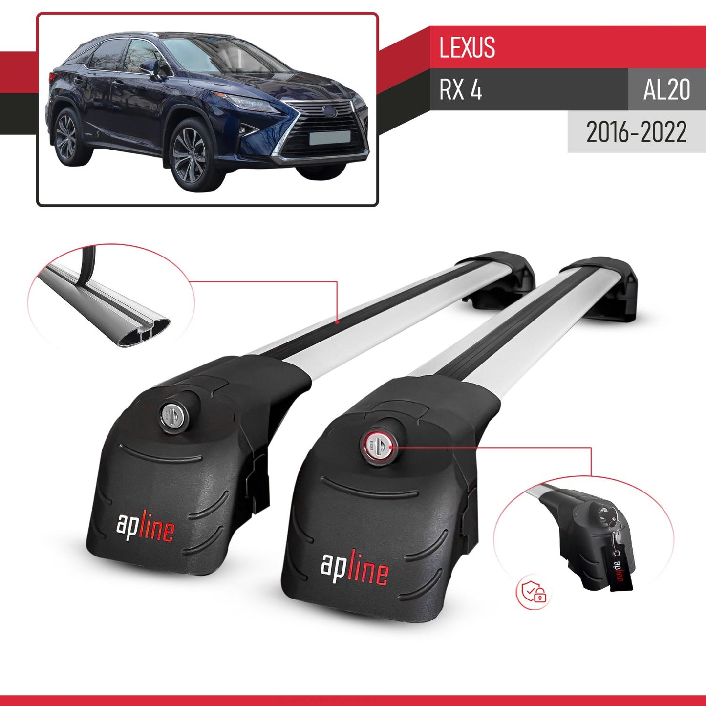 Compatible with Lexus RX 350 450 (AL20) 2016-2022 ACE-2 Model Car Roof Rack Cross Bar Gray Aluminium 2 Bars