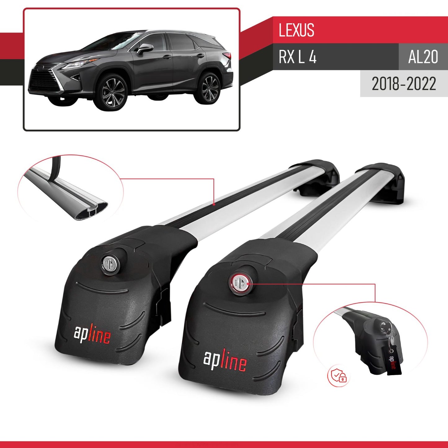 Compatible with Lexus RX 350hL 450L (AL20) 2018-2022 ACE-2 Model Car Roof Rack Cross Bar Gray Aluminium 2 Bars