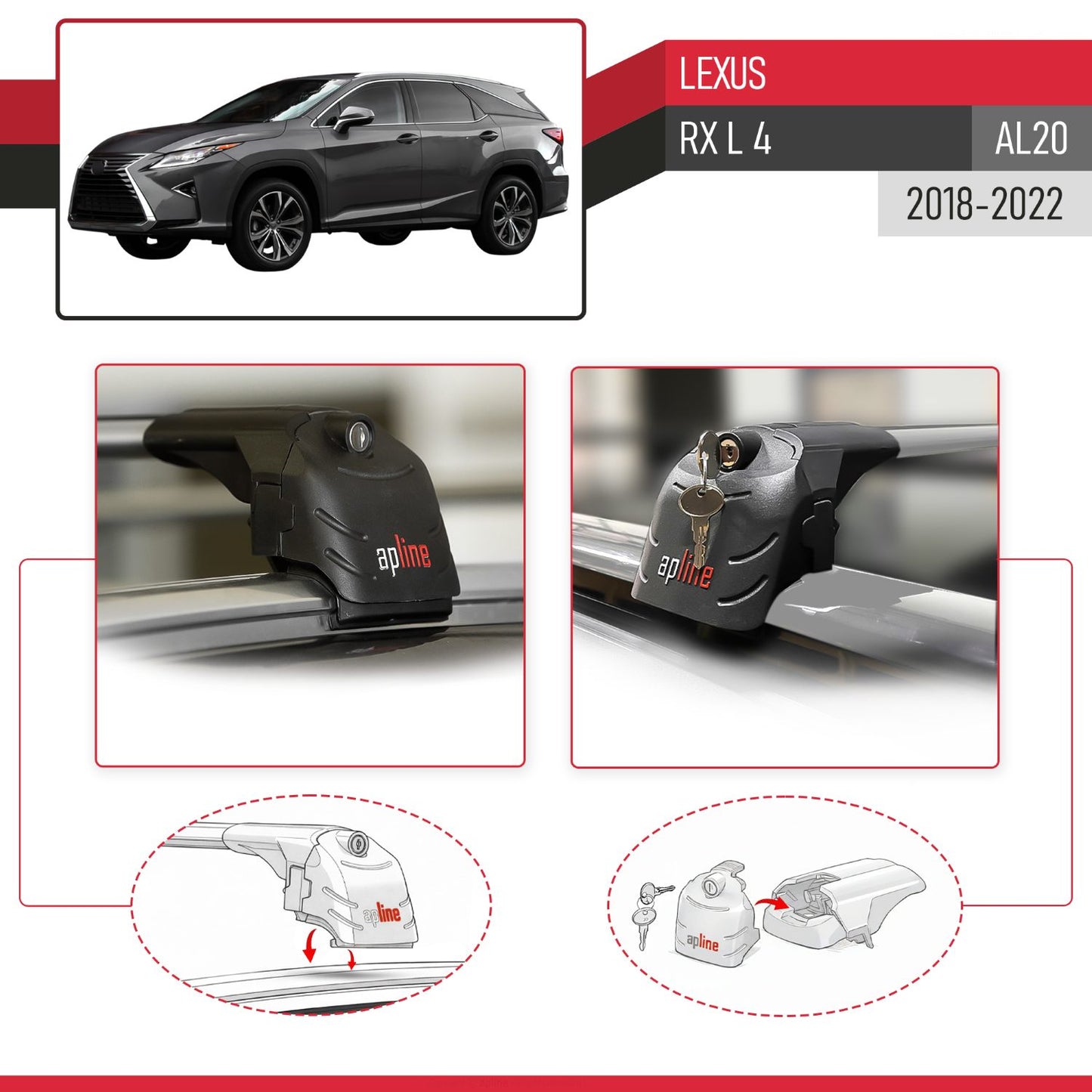 Compatible with Lexus RX 350hL 450L (AL20) 2018-2022 ACE-2 Model Car Roof Rack Cross Bar Gray Aluminium 2 Bars