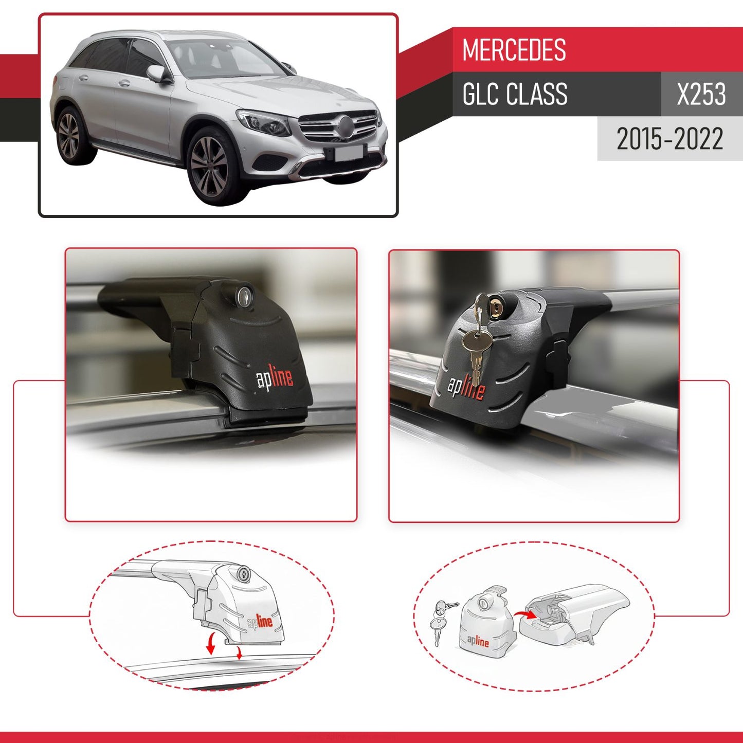 Compatible with Mercedes GLC Class (X253) 2015-2022 (No-Sunroof) ACE-2 Model Car Roof Rack Cross Bar Gray Aluminium 2 Bars