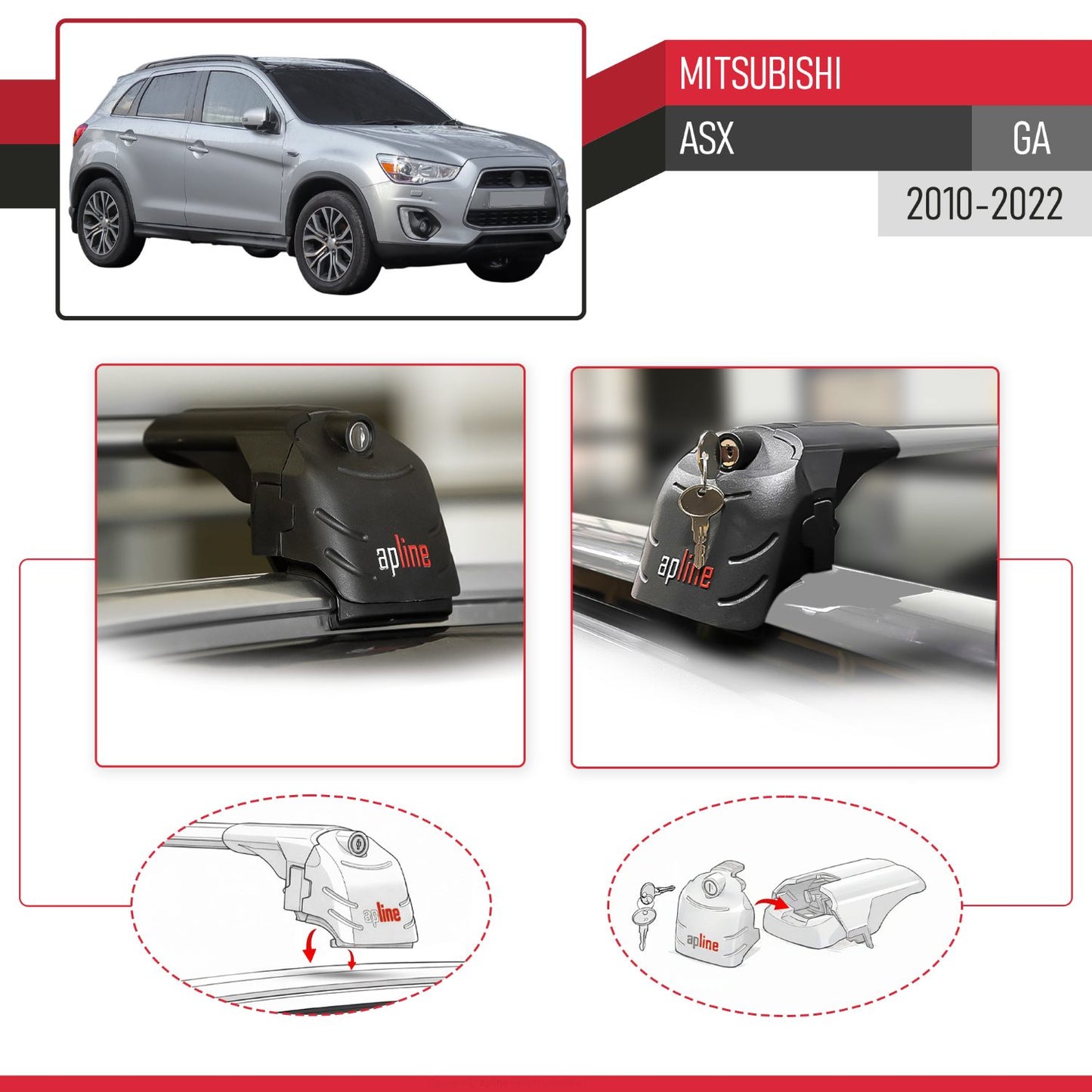 Compatible with Mitsubishi ASX (GA) 2010-2022 ACE-2 Model Car Roof Rack Cross Bar Gray Aluminium 2 Bars