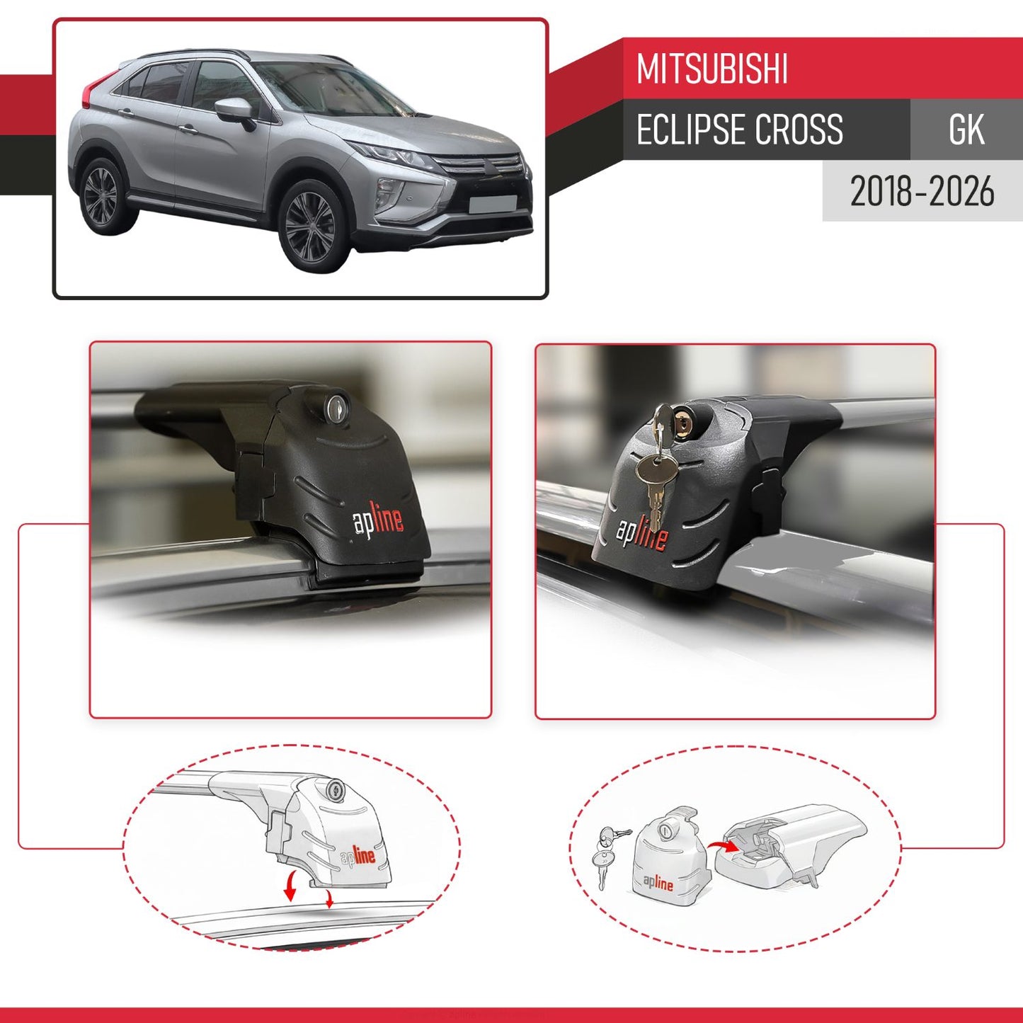 Compatible with Mitsubishi Eclipse Cross (GK) 2018-2026 ACE-2 Model Car Roof Rack Cross Bar Gray Aluminium 2 Bars