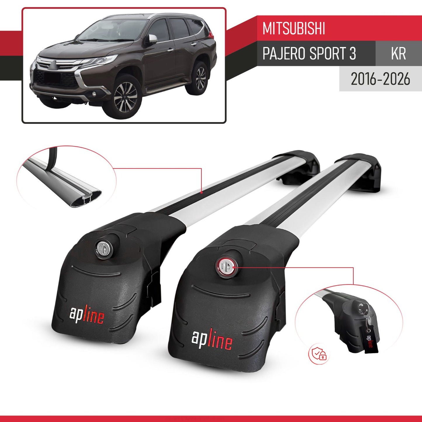 Compatible with Mitsubishi Pajero Sport 3 (KR) 2016-2026 ACE-2 Model Car Roof Rack Cross Bar Gray Aluminium 2 Bars