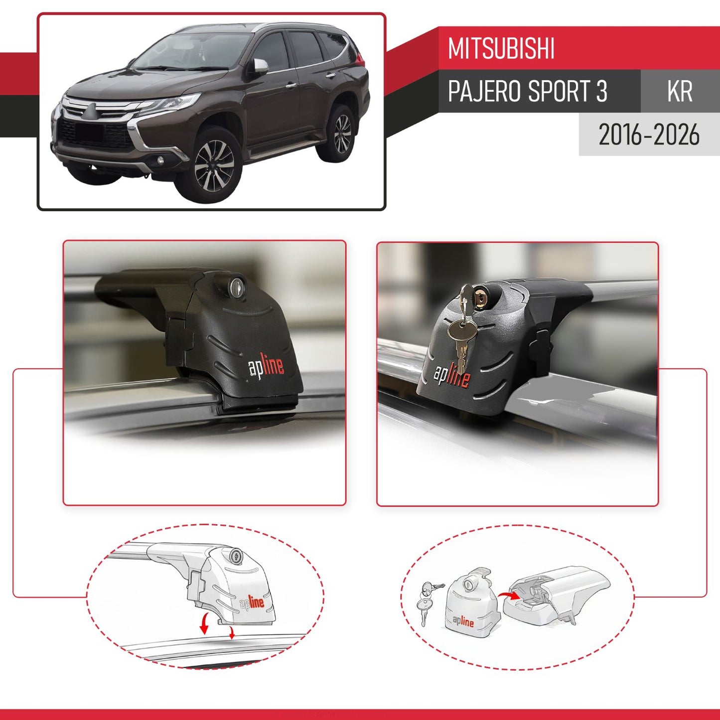 Compatible with Mitsubishi Pajero Sport 3 (KR) 2016-2026 ACE-2 Model Car Roof Rack Cross Bar Gray Aluminium 2 Bars