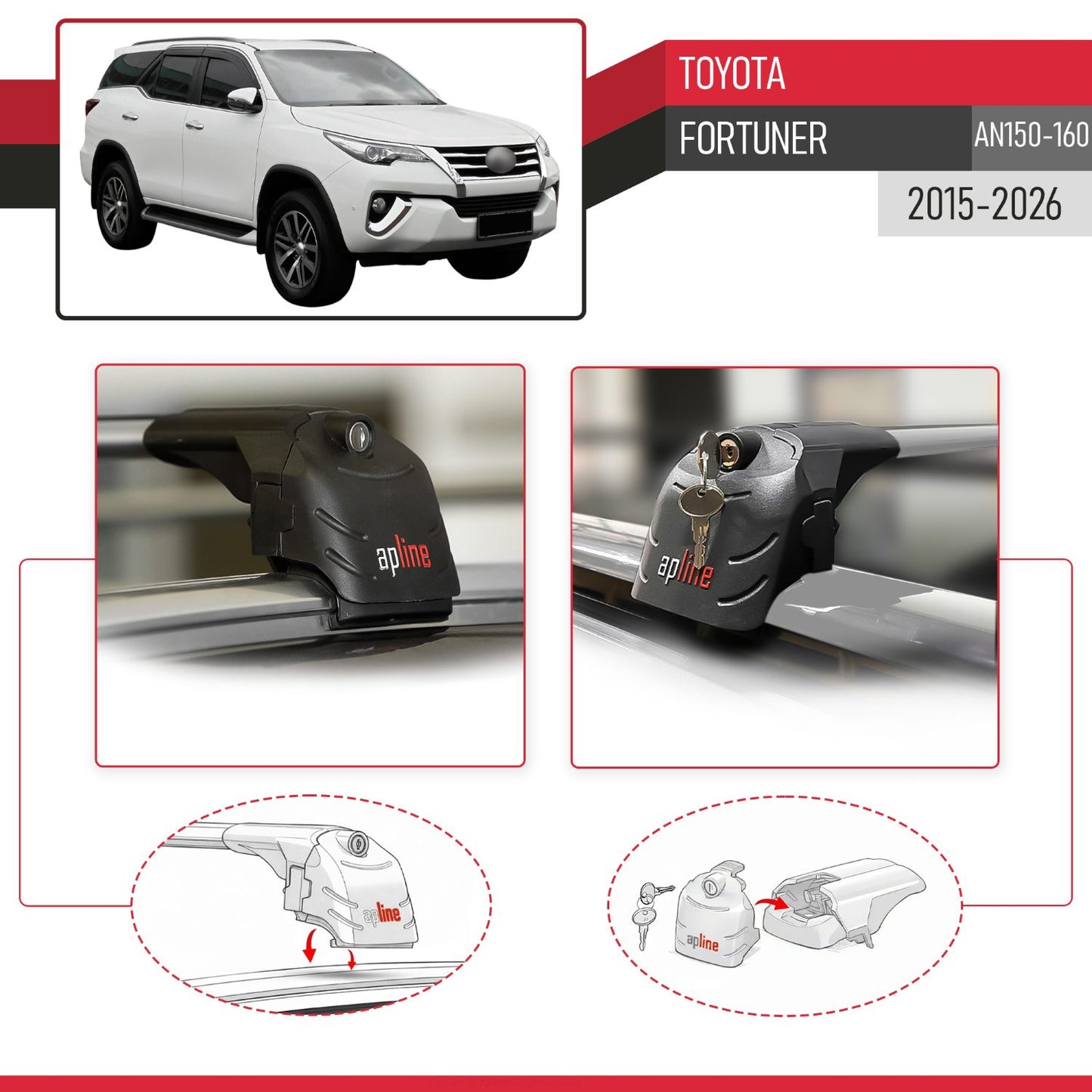 Compatible with Toyota Fortuner (AN150 AN160) 2015-2026 ACE-2 Model Car Roof Rack Cross Bar Gray Aluminium 2 Bars