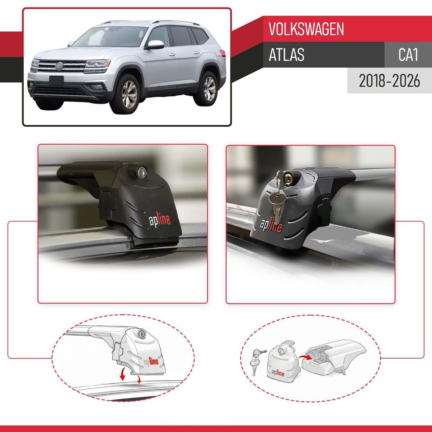 Compatible with Volkswagen Atlas (CA1) 2018-2026 ACE-2 Model Car Roof Rack Cross Bar Gray Aluminium 2 Bars