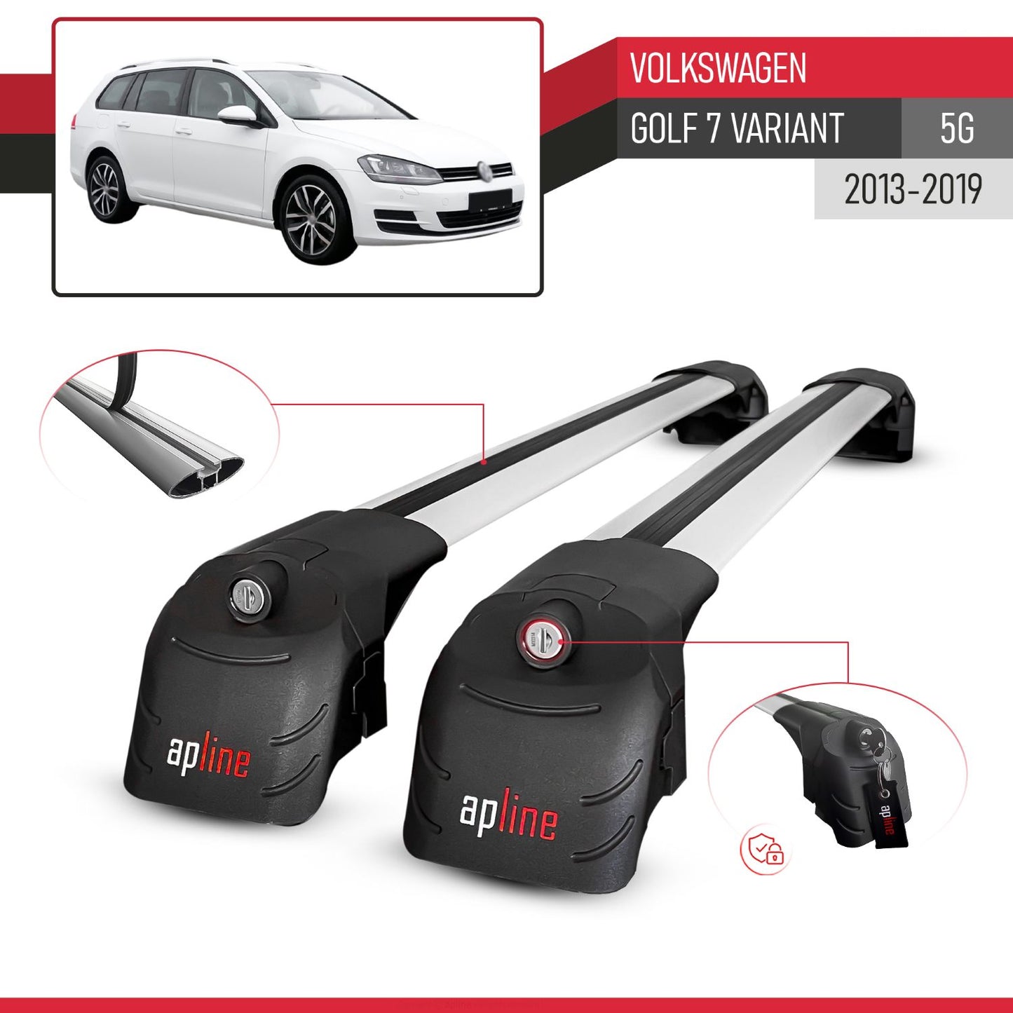 Compatible with Volkswagen Golf 7 (5G) Variant 2013-2019 ACE-2 Model Car Roof Rack Cross Bar Gray Aluminium 2 Bars