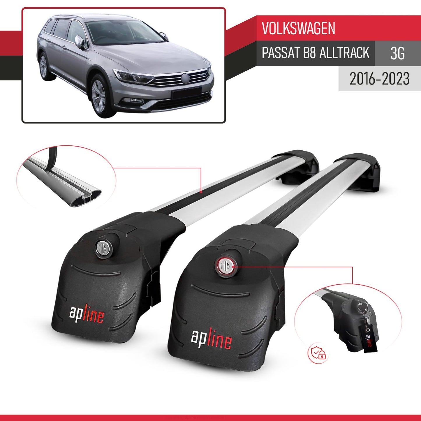 Compatible with Volkswagen Passat B8 (3G) Alltrack 2016-2023 ACE-2 Model Car Roof Rack Cross Bar Gray Aluminium 2 Bars