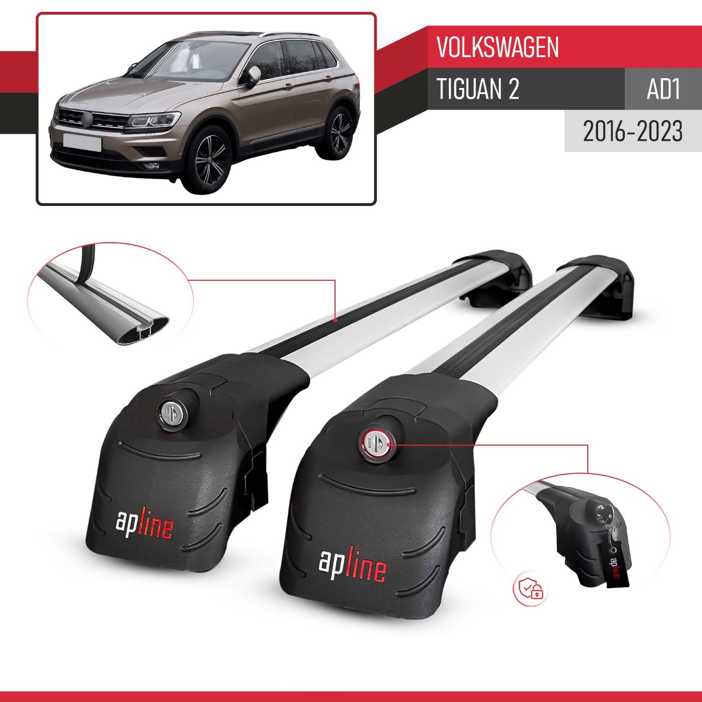 Compatible with Volkswagen Tiguan 2 (AD1) 2016-2023 ACE-2 Model Car Roof Rack Cross Bar Gray Aluminium 2 Bars