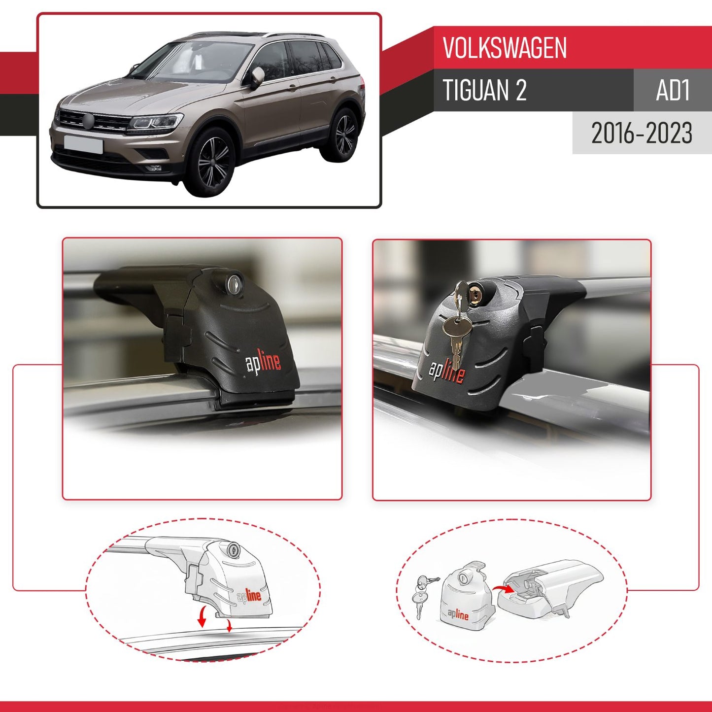 Compatible with Volkswagen Tiguan 2 (AD1) 2016-2023 ACE-2 Model Car Roof Rack Cross Bar Gray Aluminium 2 Bars