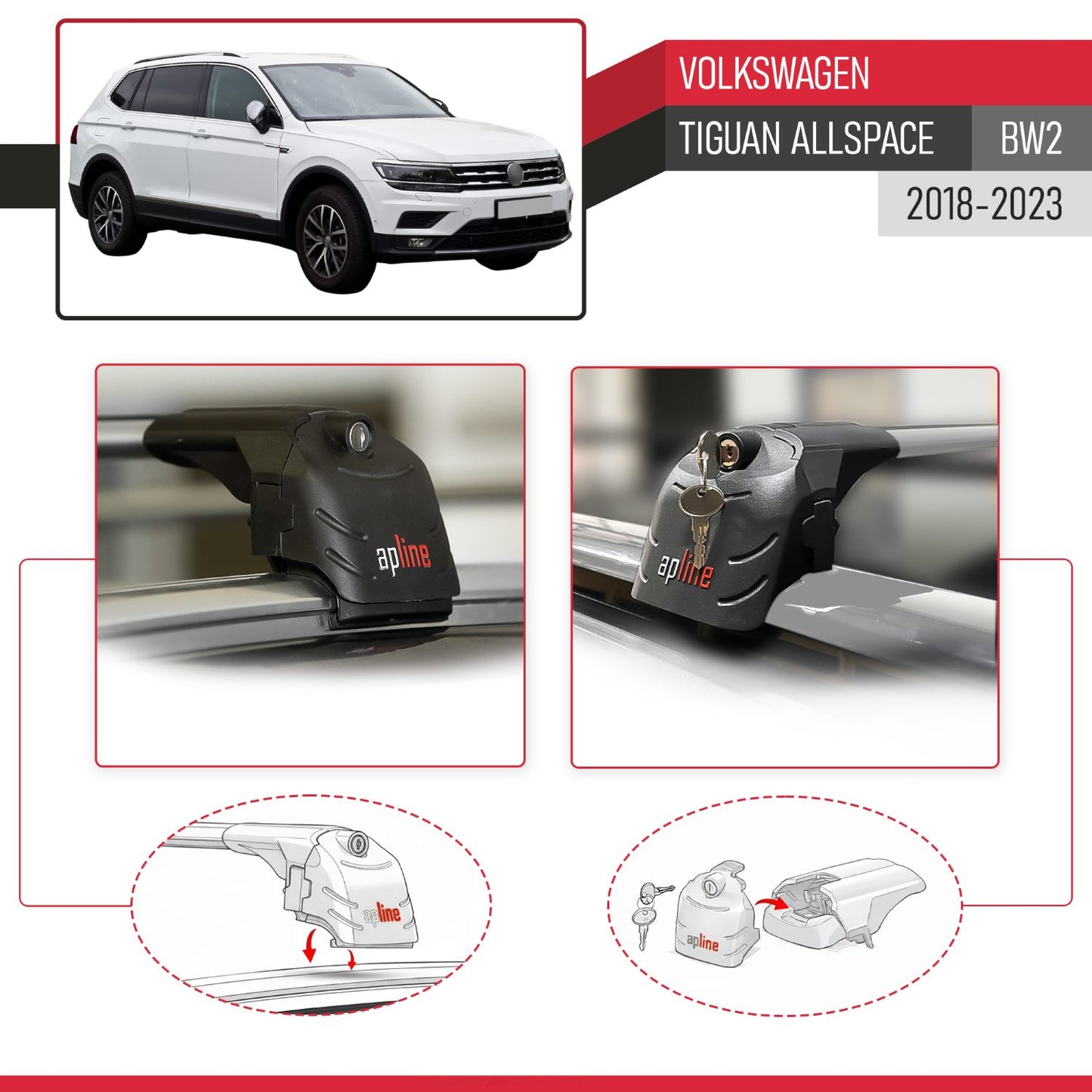Compatible with Volkswagen Tiguan Allspace (BW2) 2018-2023 ACE-2 Model Car Roof Rack Cross Bar Gray Aluminium 2 Bars