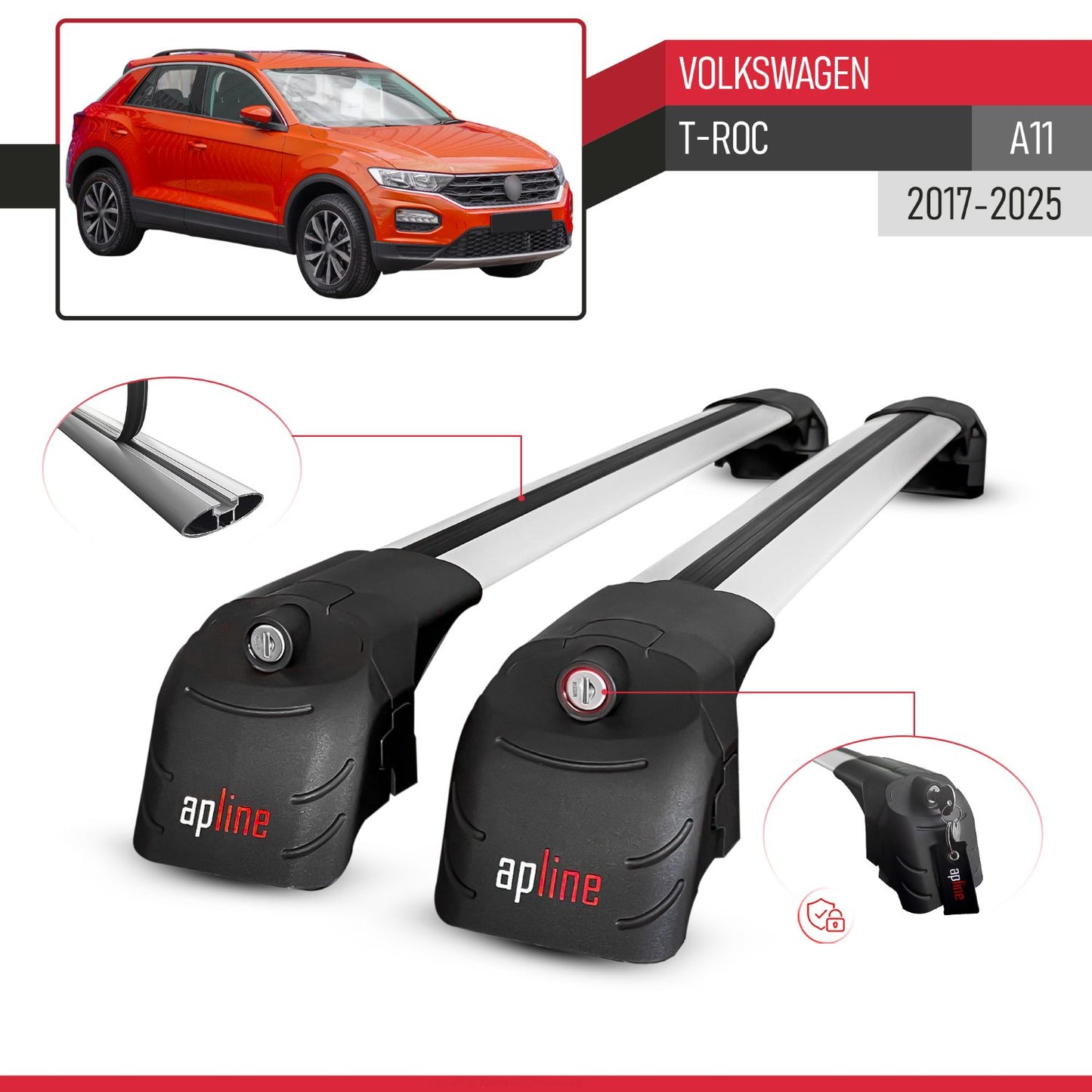 Compatible with Volkswagen T-Roc (A11) 2017-2025 ACE-2 Model Car Roof Rack Cross Bar Gray Aluminium 2 Bars