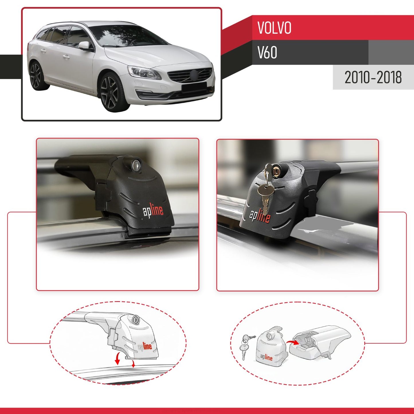 Compatible with Volvo V60 2010-2018 ACE-2 Model Car Roof Rack Cross Bar Gray Aluminium 2 Bars