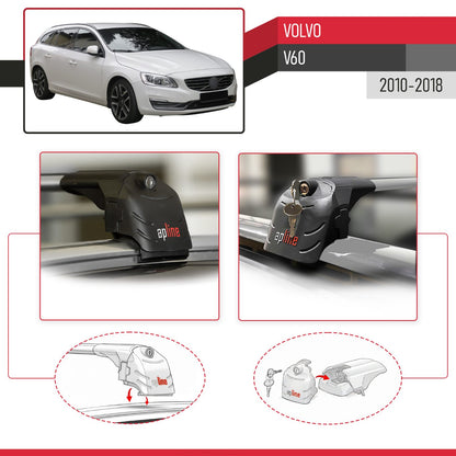 Compatible with Volvo V60 2010-2018 ACE-2 Model Car Roof Rack Cross Bar Gray Aluminium 2 Bars