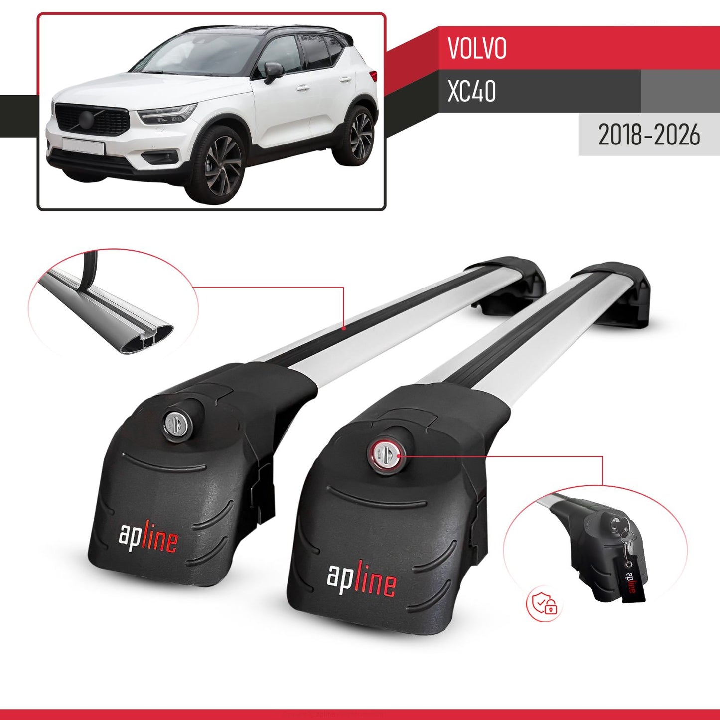 Compatible with Volvo XC40 2018-2026 ACE-2 Model Car Roof Rack Cross Bar Gray Aluminium 2 Bars
