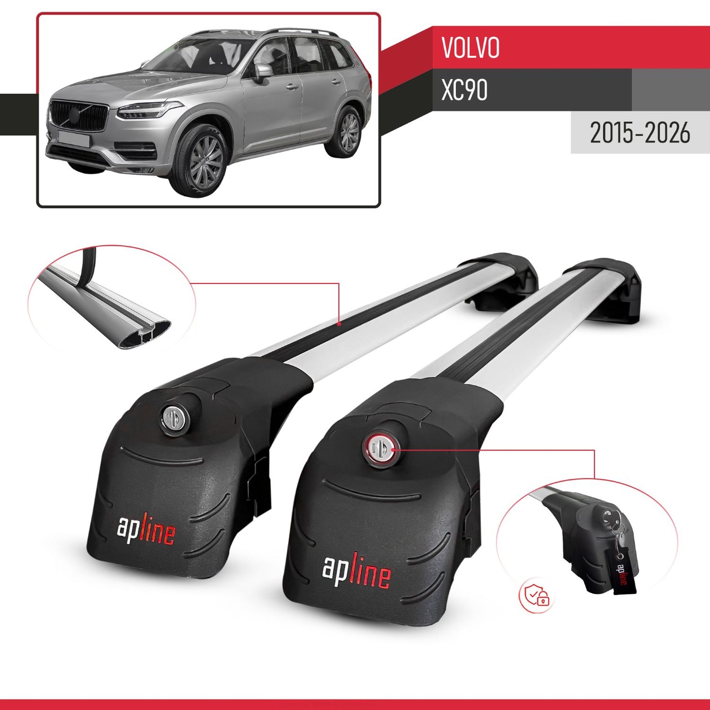 Compatible with Volvo XC90 II 2015-2026 ACE-2 Model Car Roof Rack Cross Bar Gray Aluminium 2 Bars
