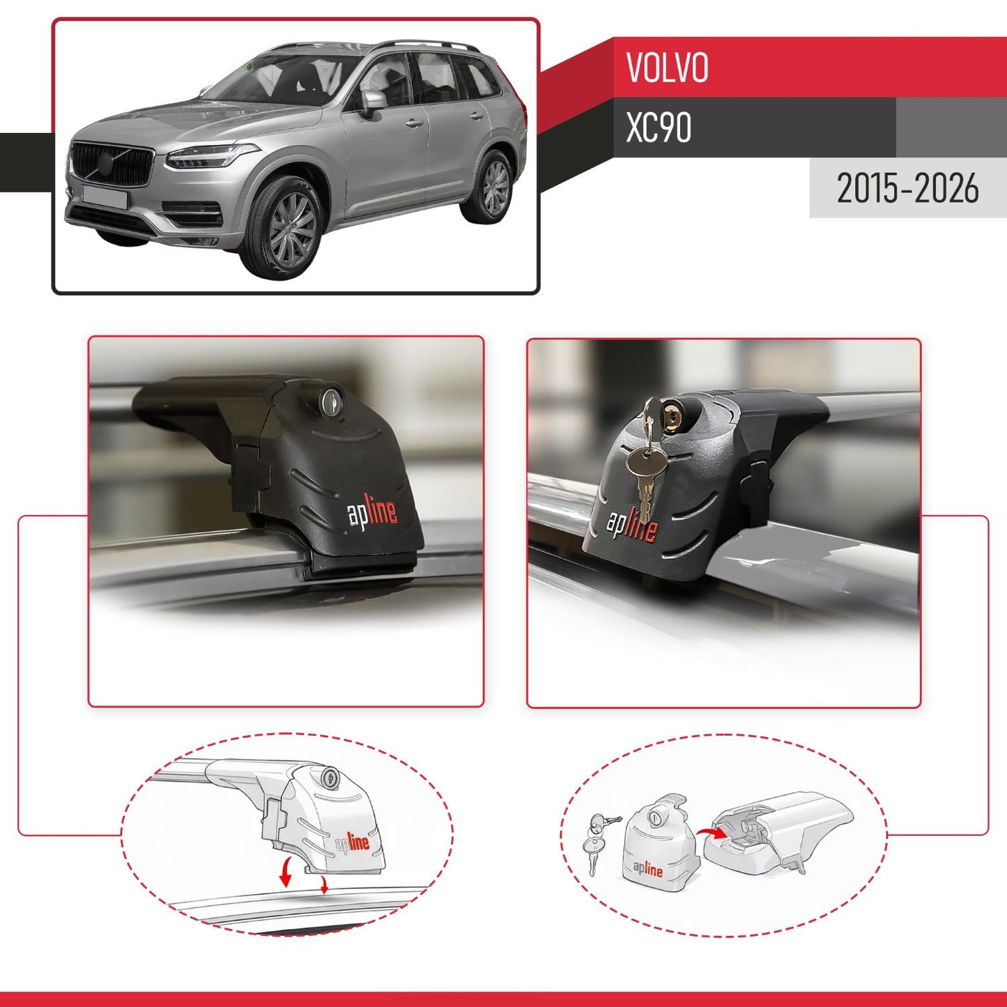 Compatible with Volvo XC90 II 2015-2026 ACE-2 Model Car Roof Rack Cross Bar Gray Aluminium 2 Bars