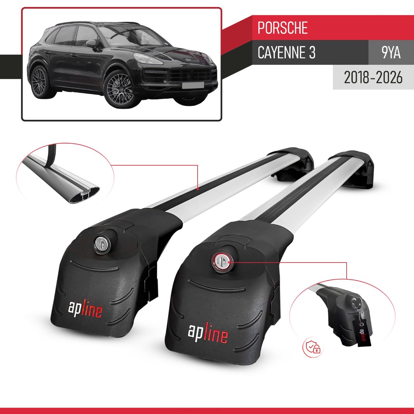 Compatible with Porsche Cayenne 3 (9YA) 2018-2026 ACE-2 Model Car Roof Rack Cross Bar Gray Aluminium 2 Bars