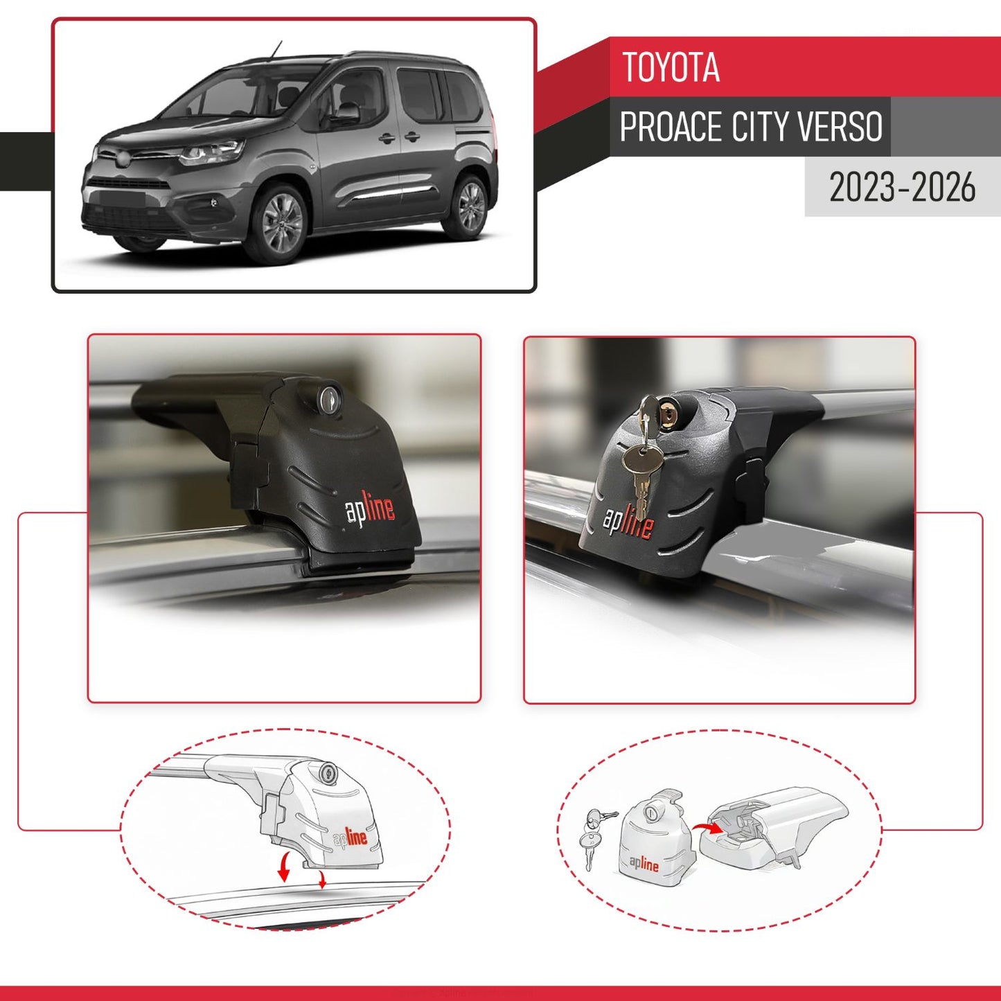 Compatible with Toyota Proace City Verso 2023-2026 ACE-2 Model Car Roof Rack Cross Bar Gray Aluminium 2 Bars
