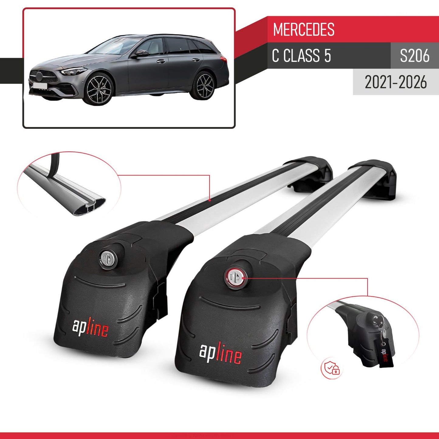 Compatible with Mercedes C Class 5 (S206) 2021-2026 ACE-2 Model Car Roof Rack Cross Bar Gray Aluminium 2 Bars