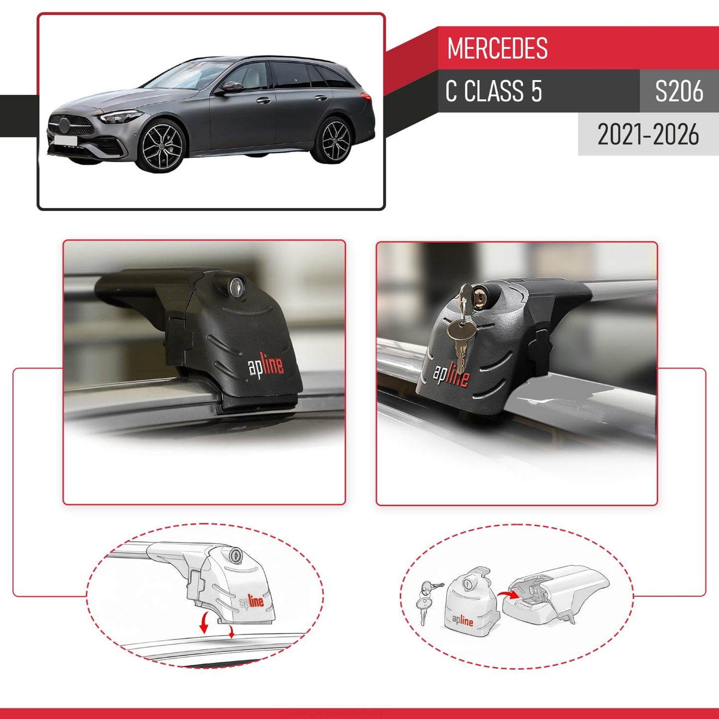 Compatible with Mercedes C Class 5 (S206) 2021-2026 ACE-2 Model Car Roof Rack Cross Bar Gray Aluminium 2 Bars