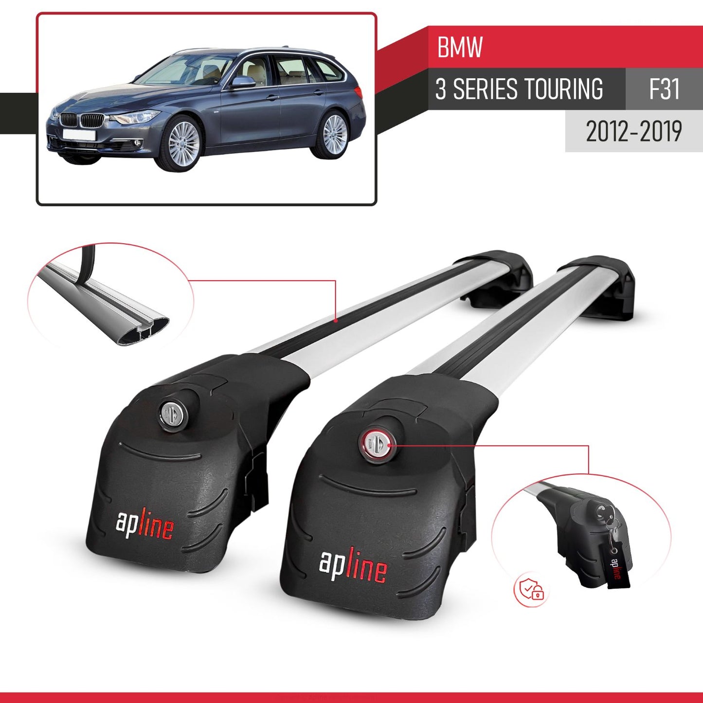 Compatible with BMW 3 Series (F31) Touring 2012-2019 ACE-2 Model Car Roof Rack Cross Bar Gray Aluminium 2 Bars