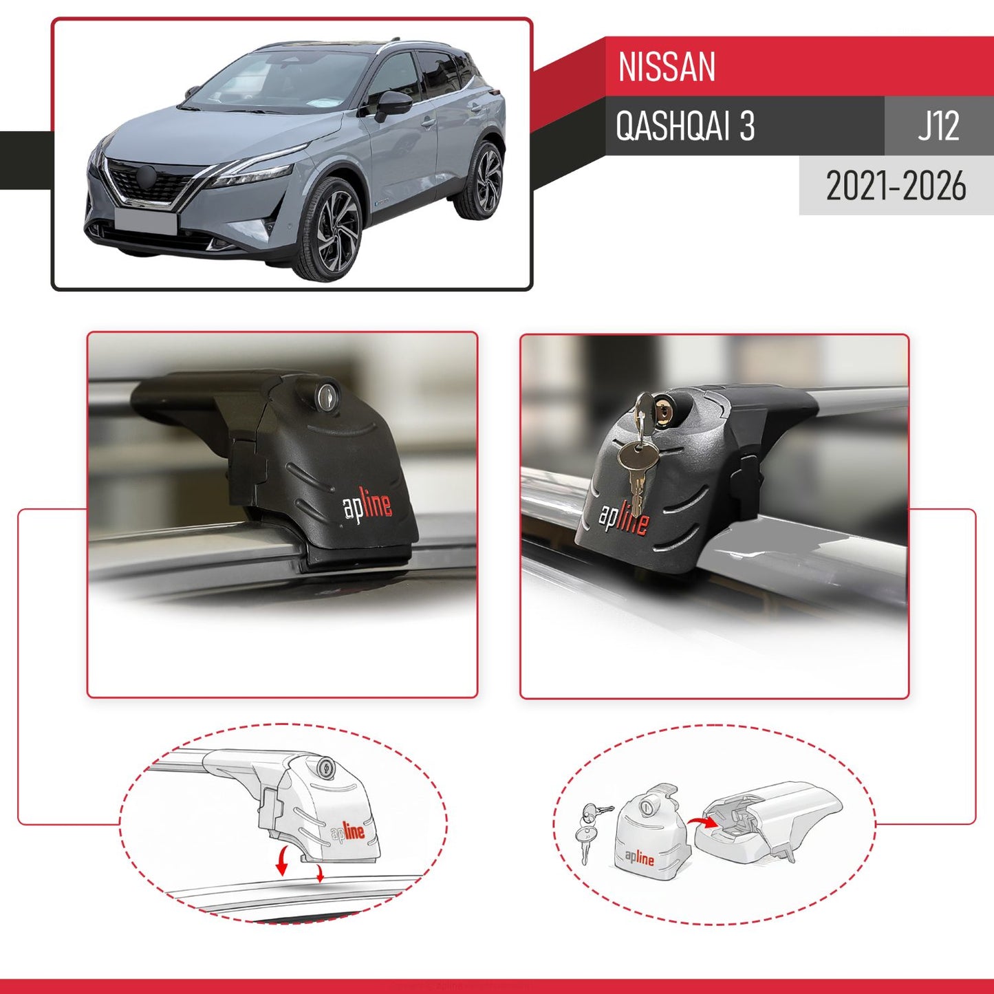 Compatible with Nissan Qashqai 3 (J12) 2021-2026 ACE-2 Model Car Roof Rack Cross Bar Gray Aluminium 2 Bars
