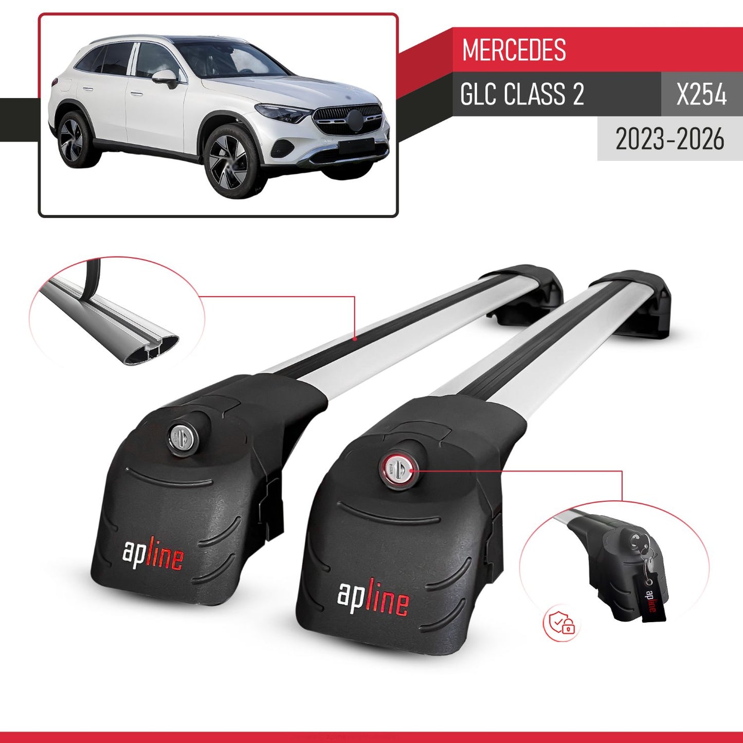 Compatible with Mercedes GLC Class 2 (X254) 2023-2026 ACE-2 Model Car Roof Rack Cross Bar Gray Aluminium 2 Bars
