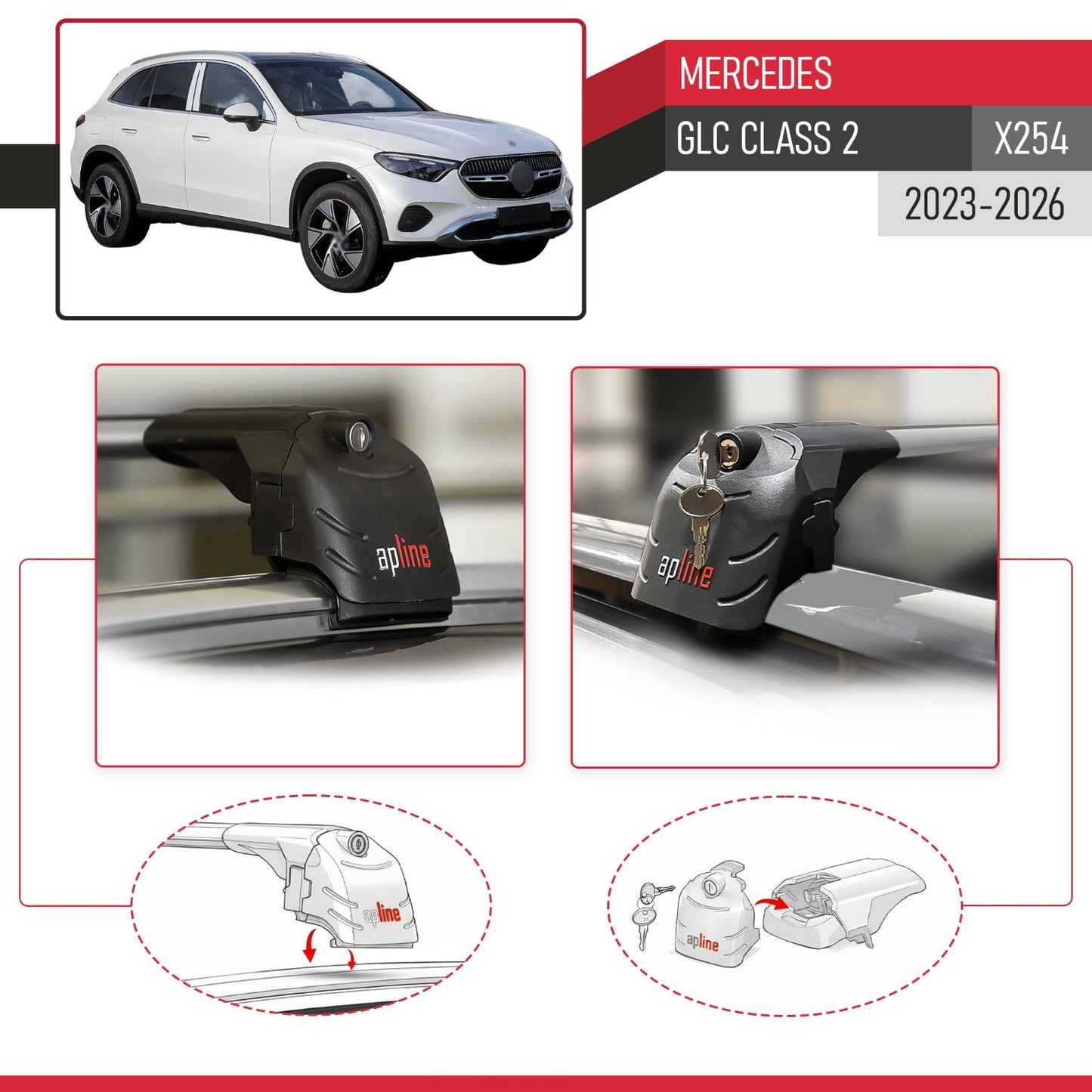 Compatible with Mercedes GLC Class 2 (X254) 2023-2026 ACE-2 Model Car Roof Rack Cross Bar Gray Aluminium 2 Bars
