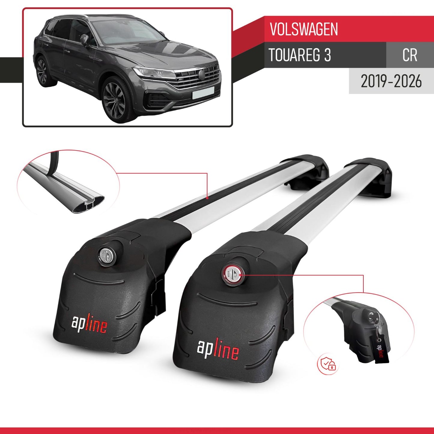 Compatible with Volkswagen Touareg 3 (CR) 2019-2026 ACE-2 Model Car Roof Rack Cross Bar Gray Aluminium 2 Bars