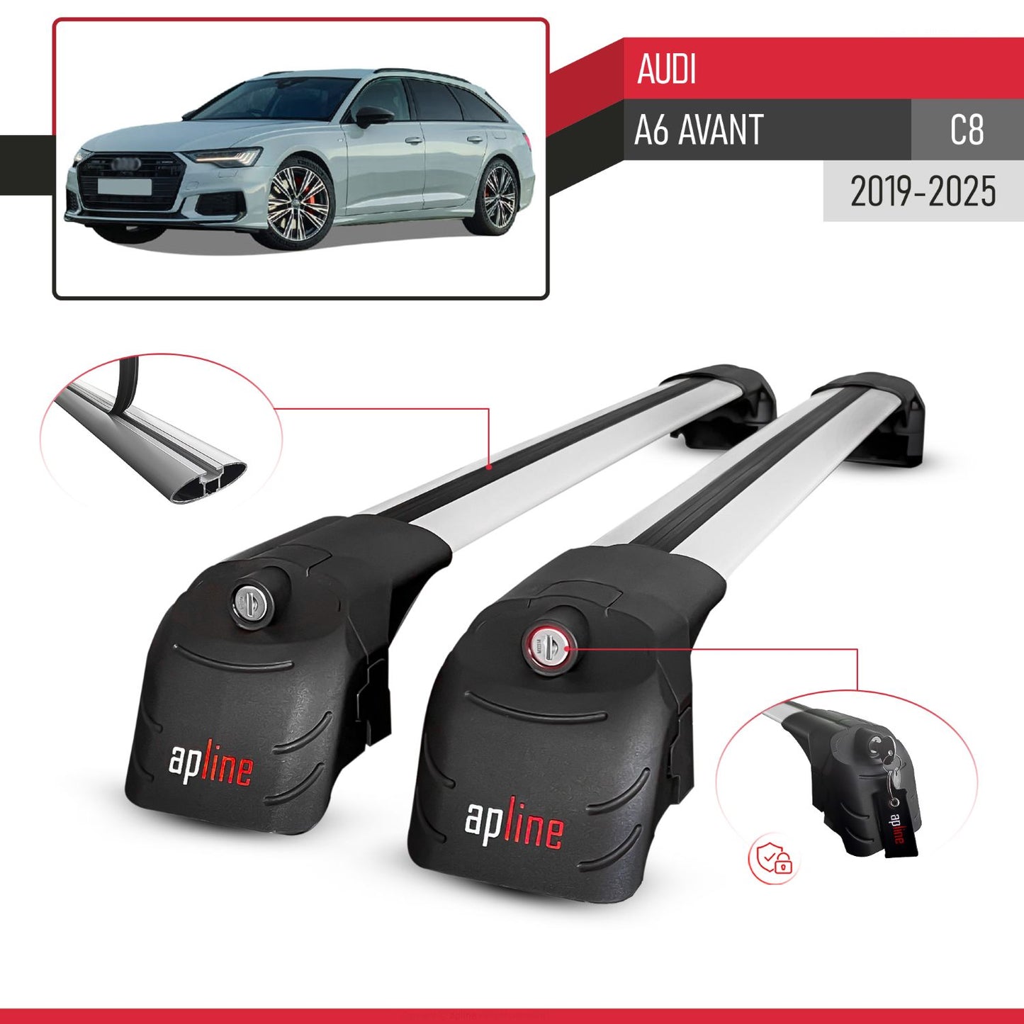 Compatible with Audi A6 (C8) Avant 2019-2025 ACE-2 Car Roof Rack Cross Bar Grey Aluminium 2 Bars