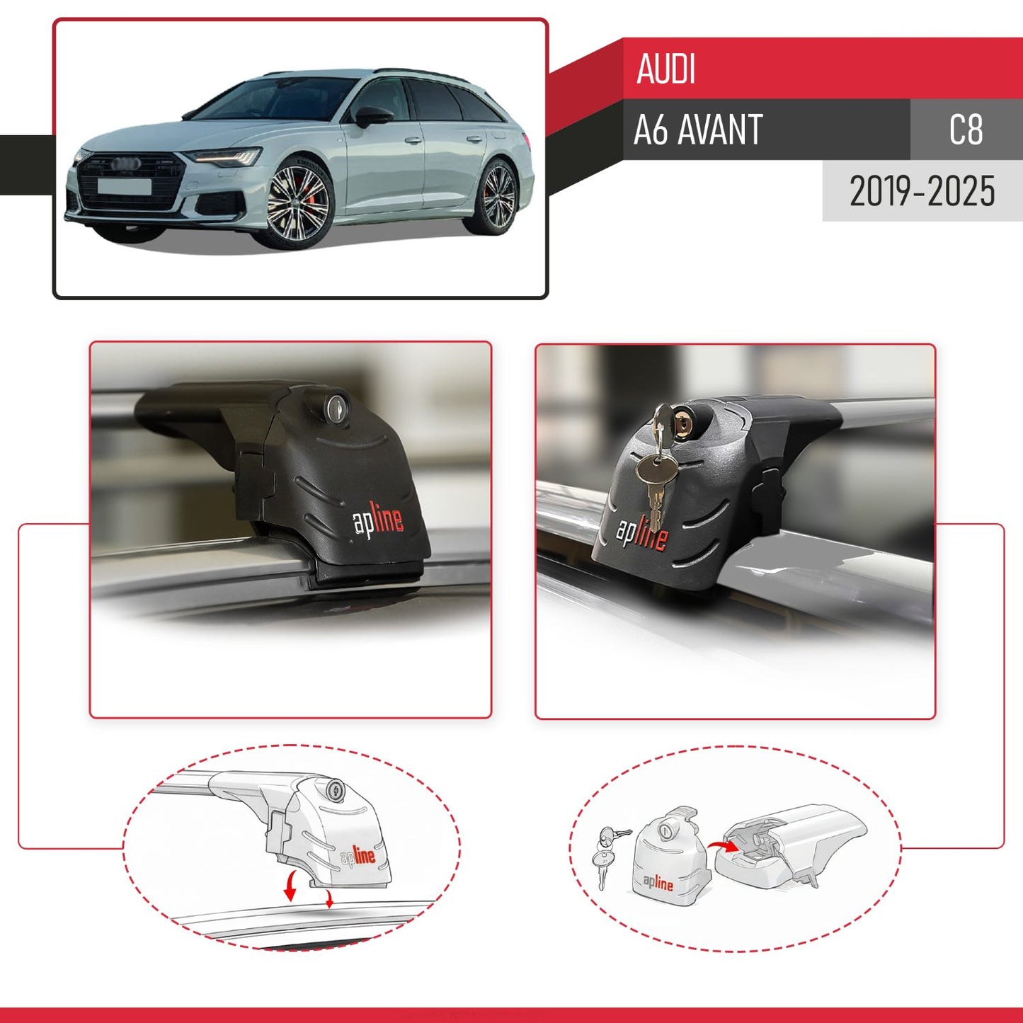 Compatible with Audi A6 (C8) Avant 2019-2025 ACE-2 Car Roof Rack Cross Bar Grey Aluminium 2 Bars
