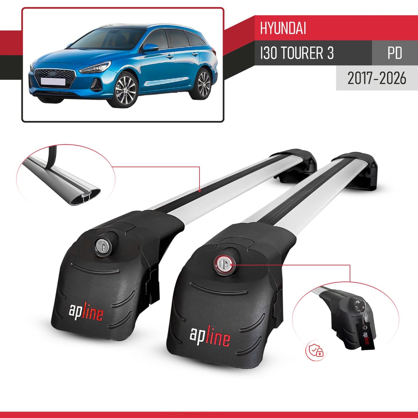 Compatible with Hyundai i30 Tourer 3 (PD) 2017-2026 ACE-2 Model Car Roof Rack Cross Bar Gray Aluminium 2 Bars