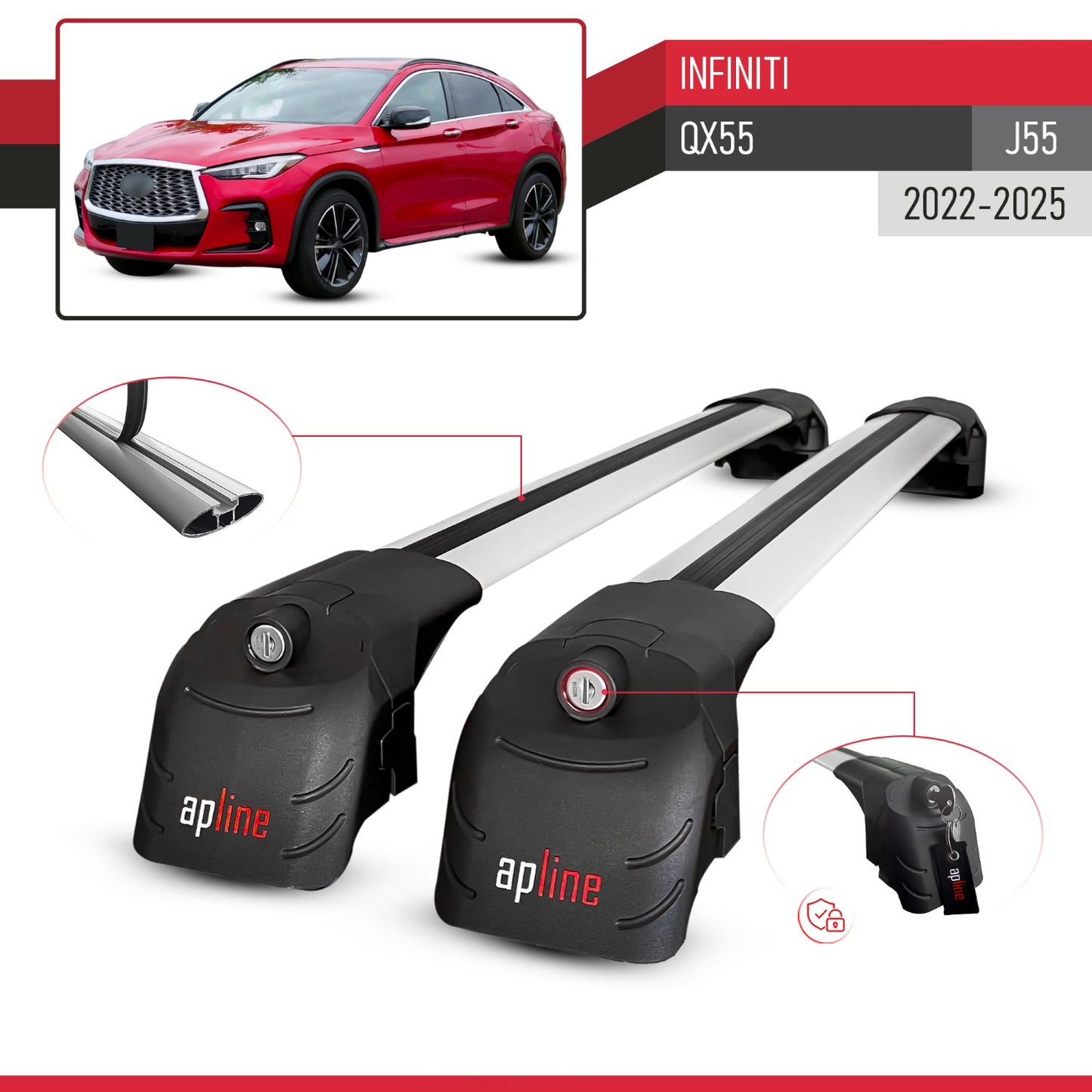 Compatible with Infiniti QX55 (J55) 2022-2025 ACE-2 Model Car Roof Rack Cross Bar Gray Aluminium 2 Bars
