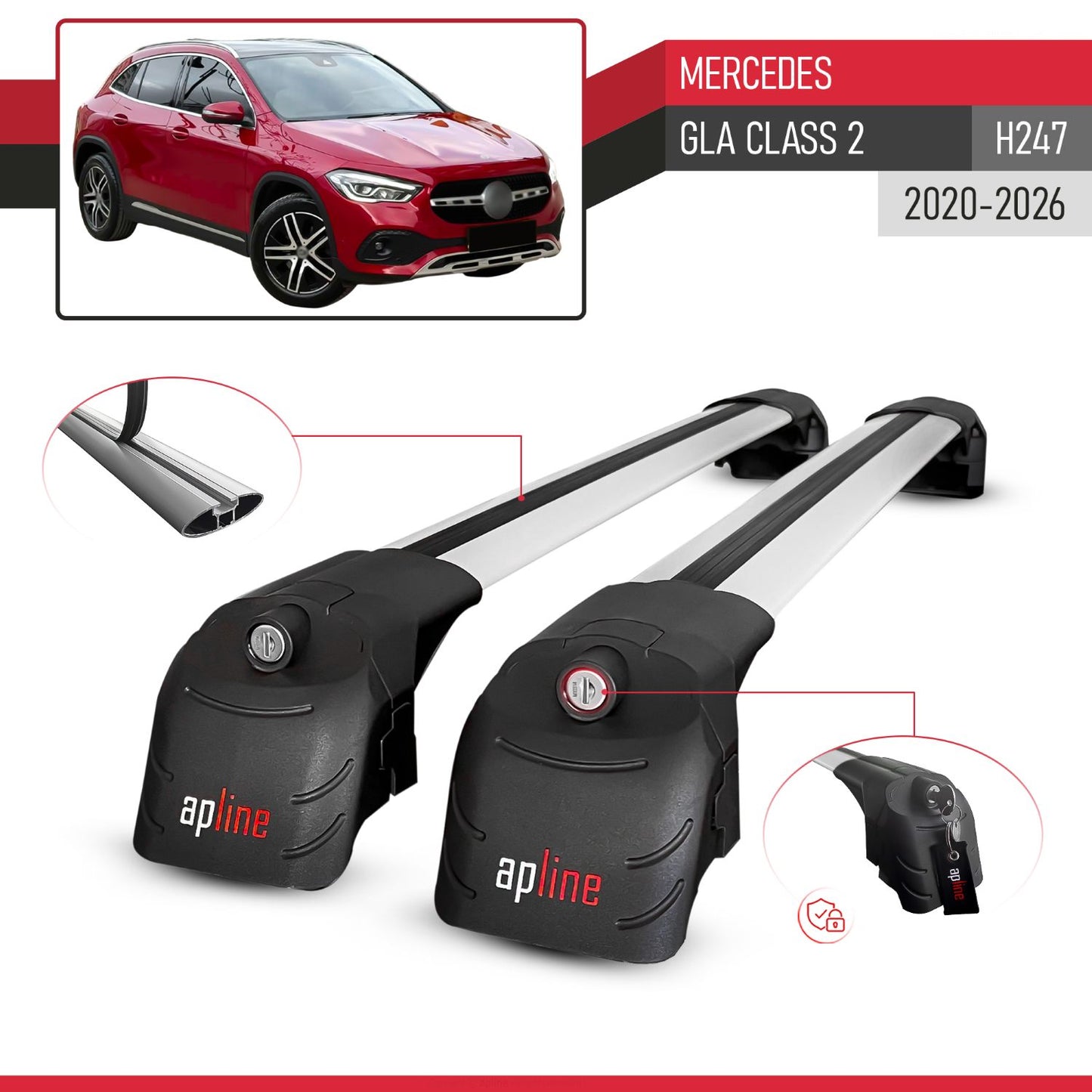 Compatible with Mercedes GLA Class 2 (H247) 2020-2026 ACE-2 Model Car Roof Rack Cross Bar Gray Aluminium 2 Bars