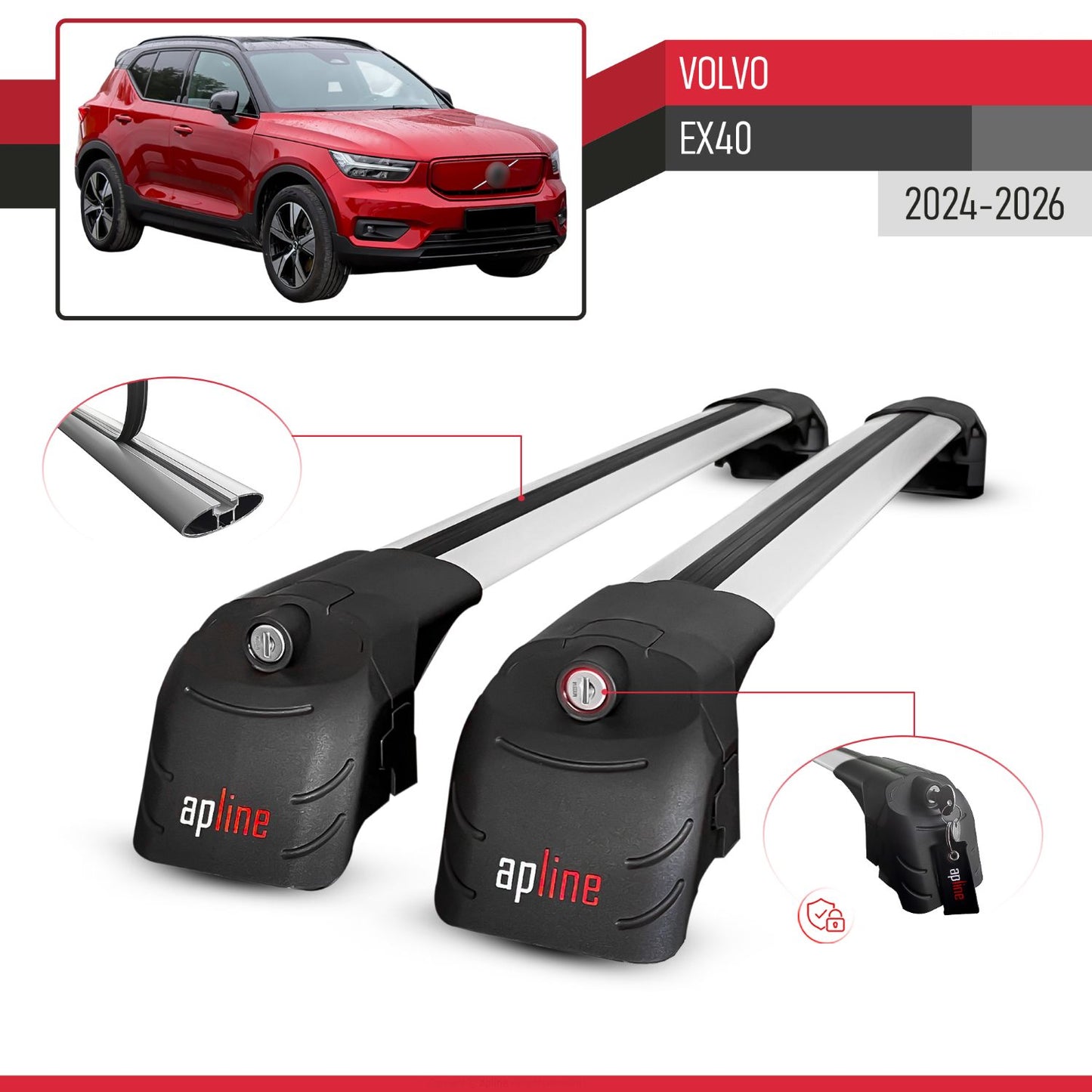 Compatible with Volvo EX40 2024-2026 ACE-2 Model Car Roof Rack Cross Bar Gray Aluminium 2 Bars