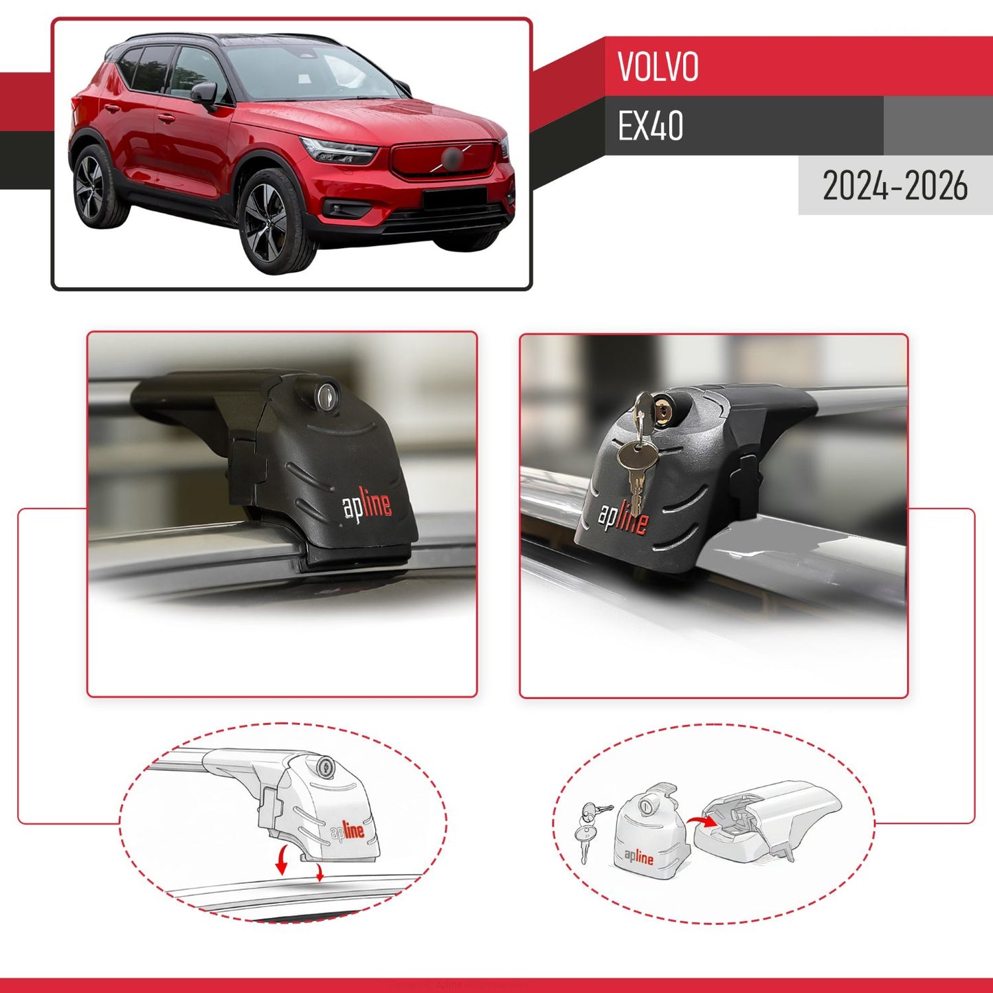 Compatible with Volvo EX40 2024-2026 ACE-2 Model Car Roof Rack Cross Bar Gray Aluminium 2 Bars